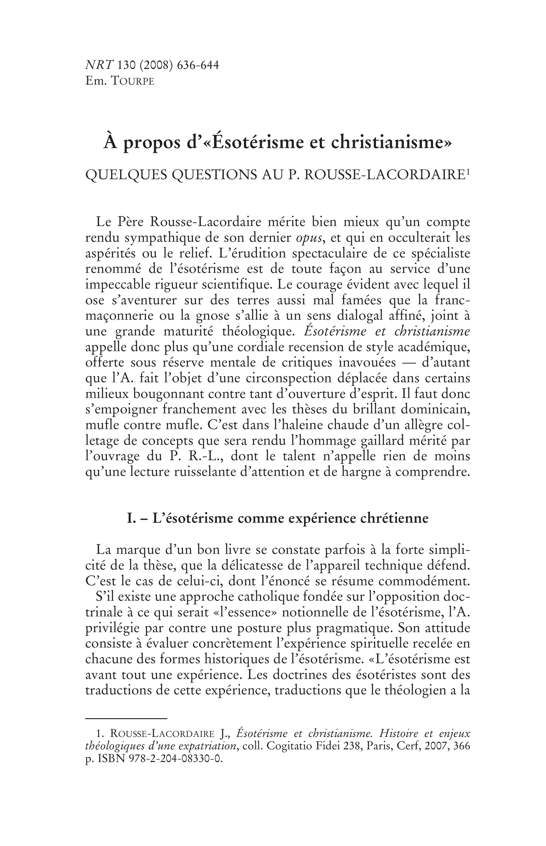 À propos d'«Ésoterisme et christianisme». Quelques questions au P. Rousse-Lacordaire