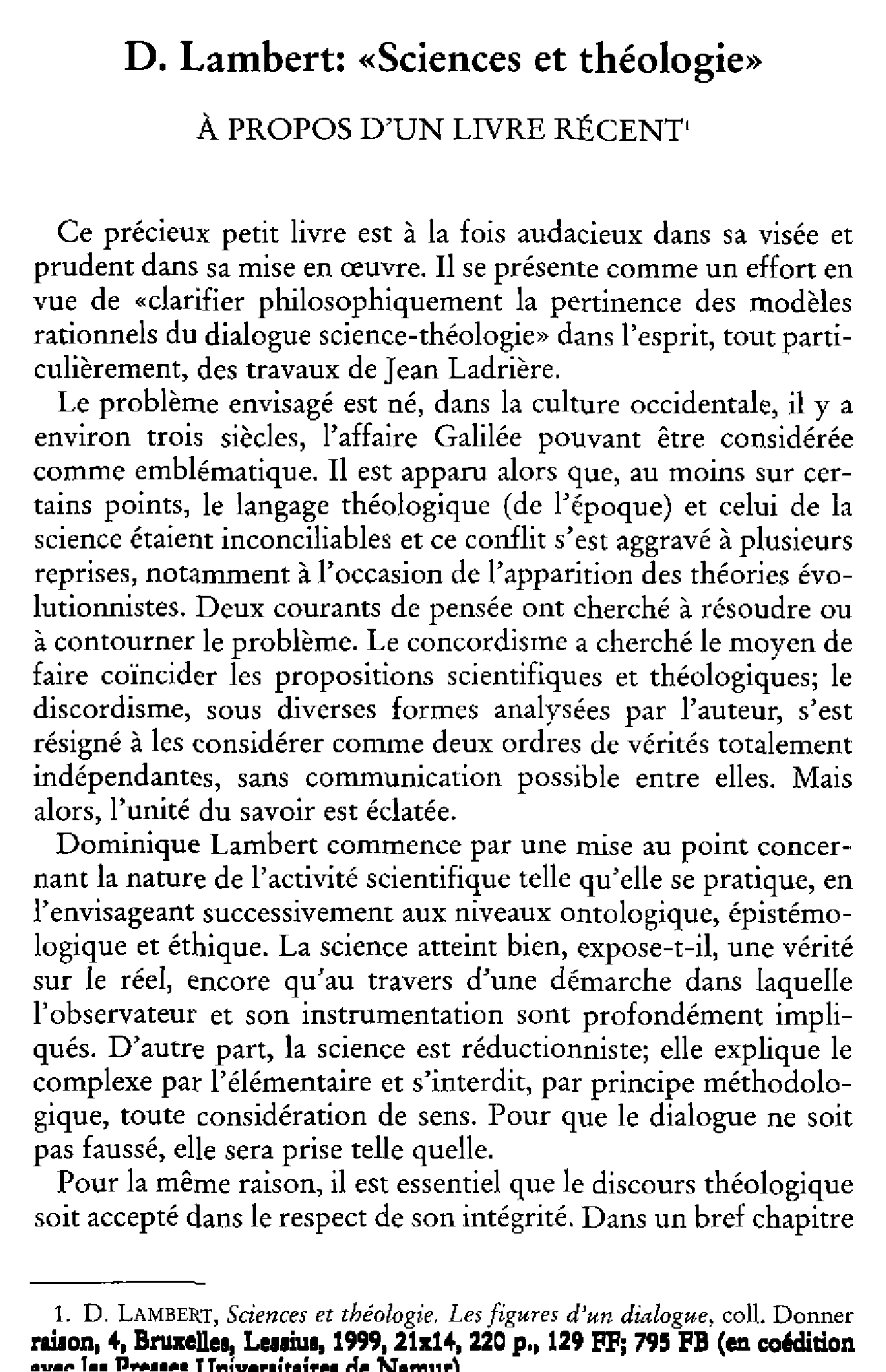 D. Lambert: «Sciences et théologie». À propos d'un livre récent