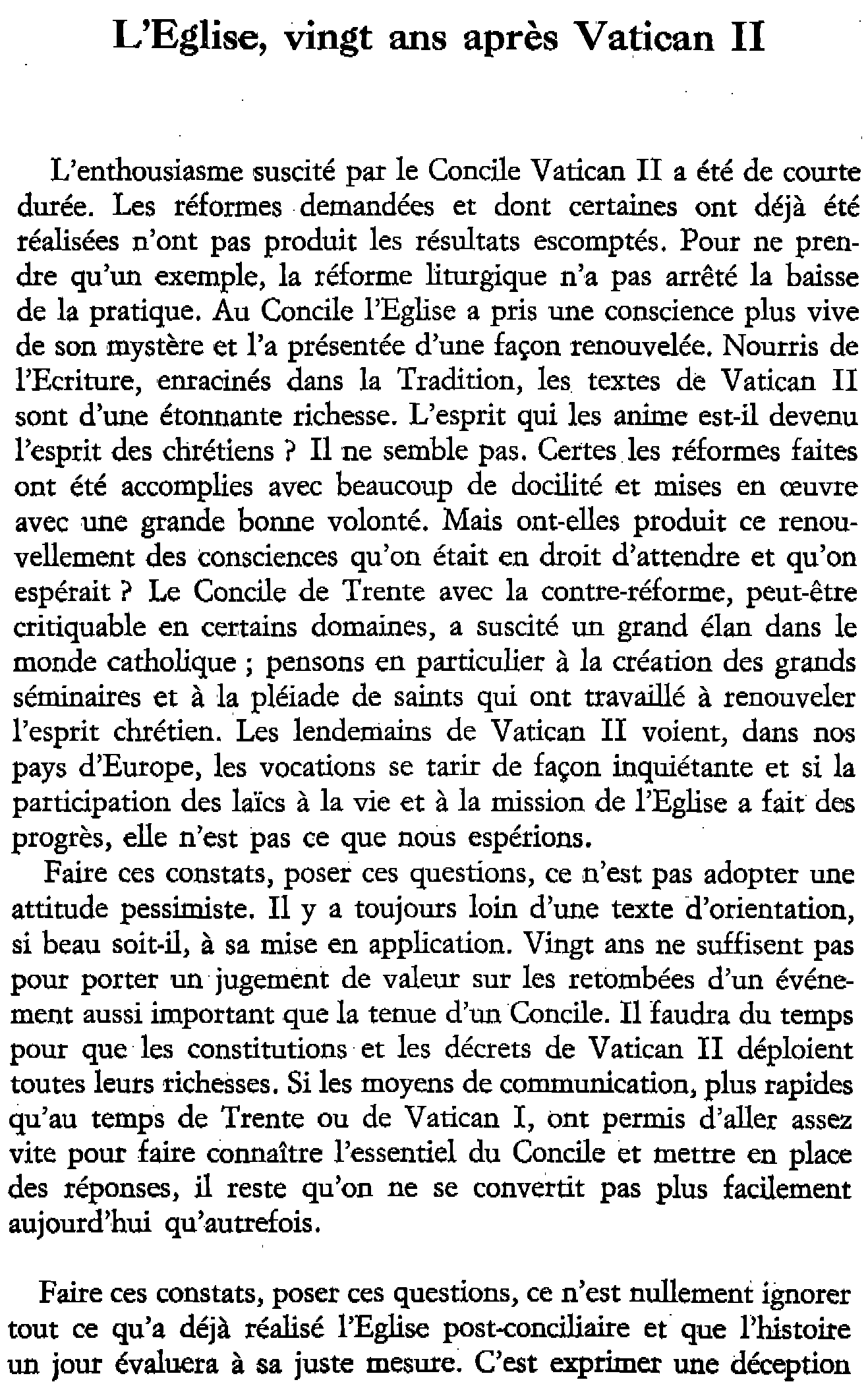 L'Eglise, vingt ans après Vatican II