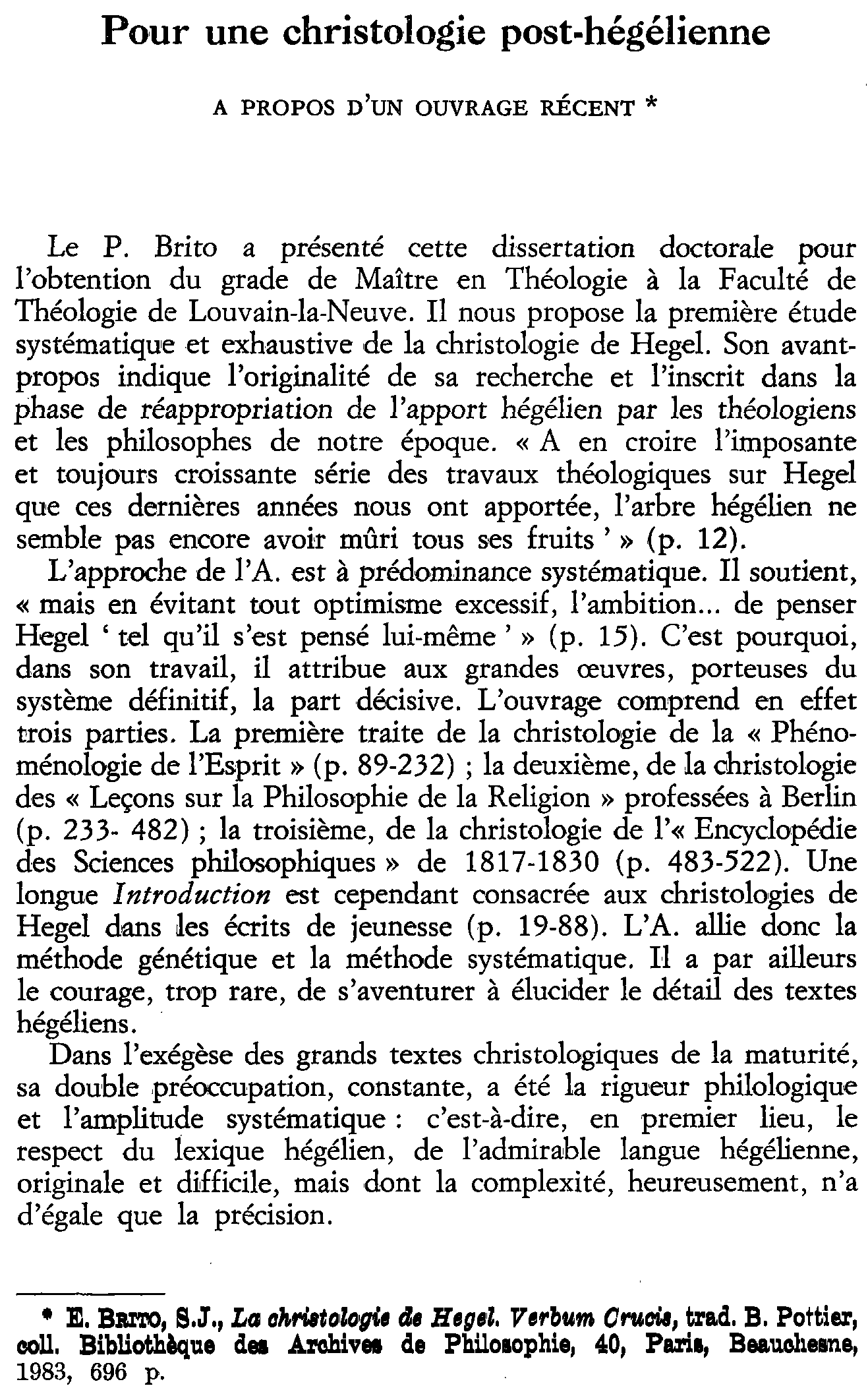 Pour une christologie post-hégélienne. À propos d'un ouvrage récent (à suivre)
