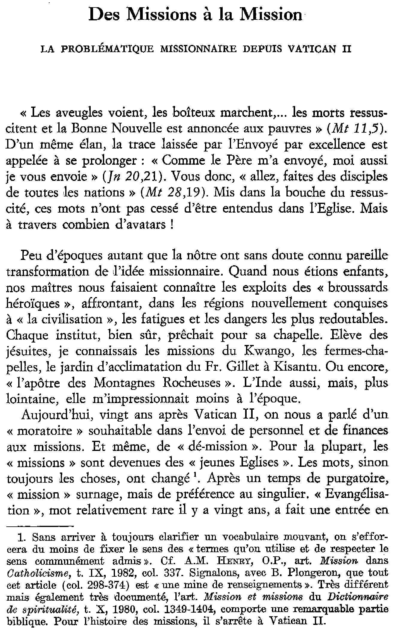 Des Missions à la Mission. La problématique missionnaire depuis Vatican II (à suivre)