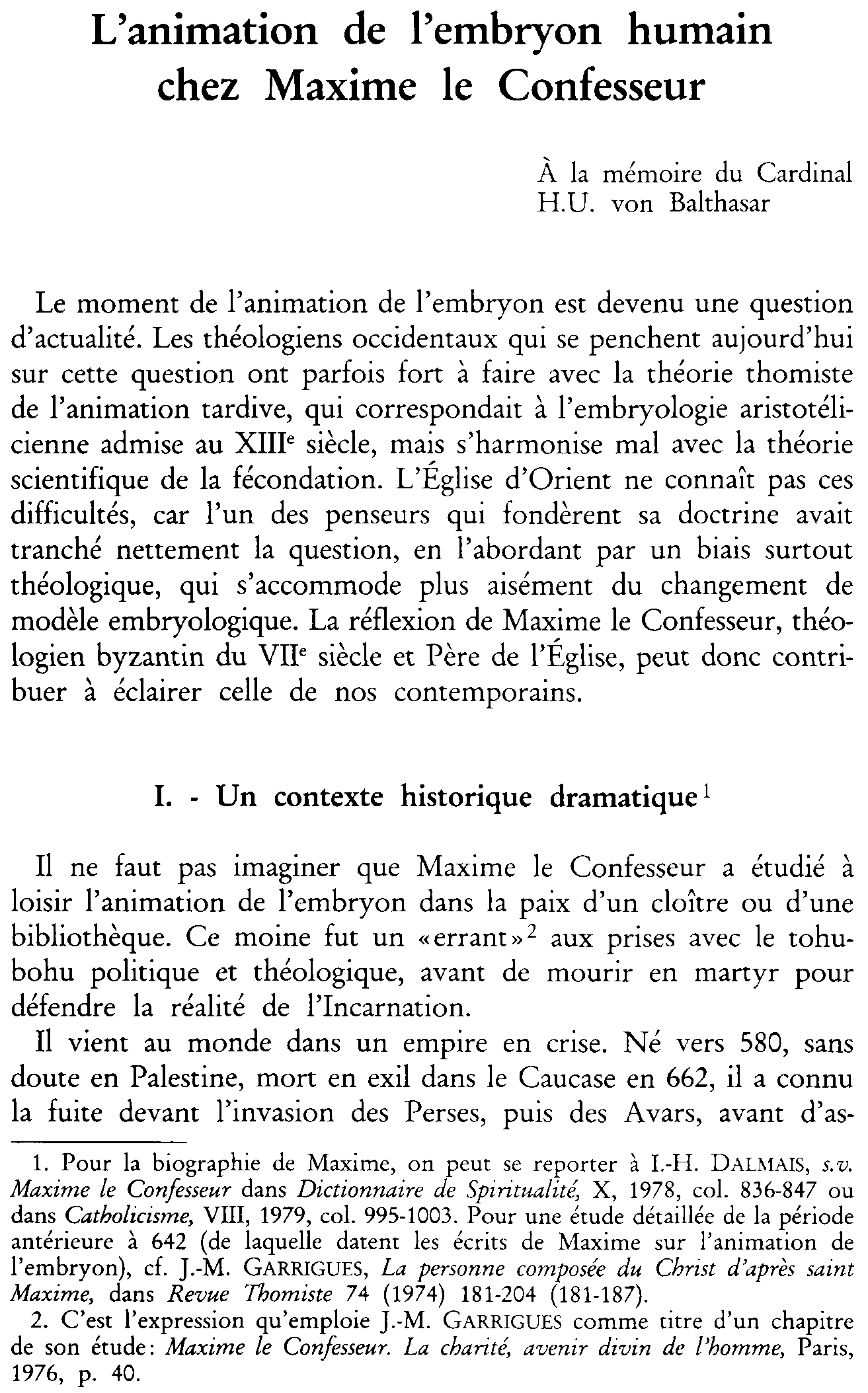 L'animation de l'embryon humain chez Maxime le Confesseur