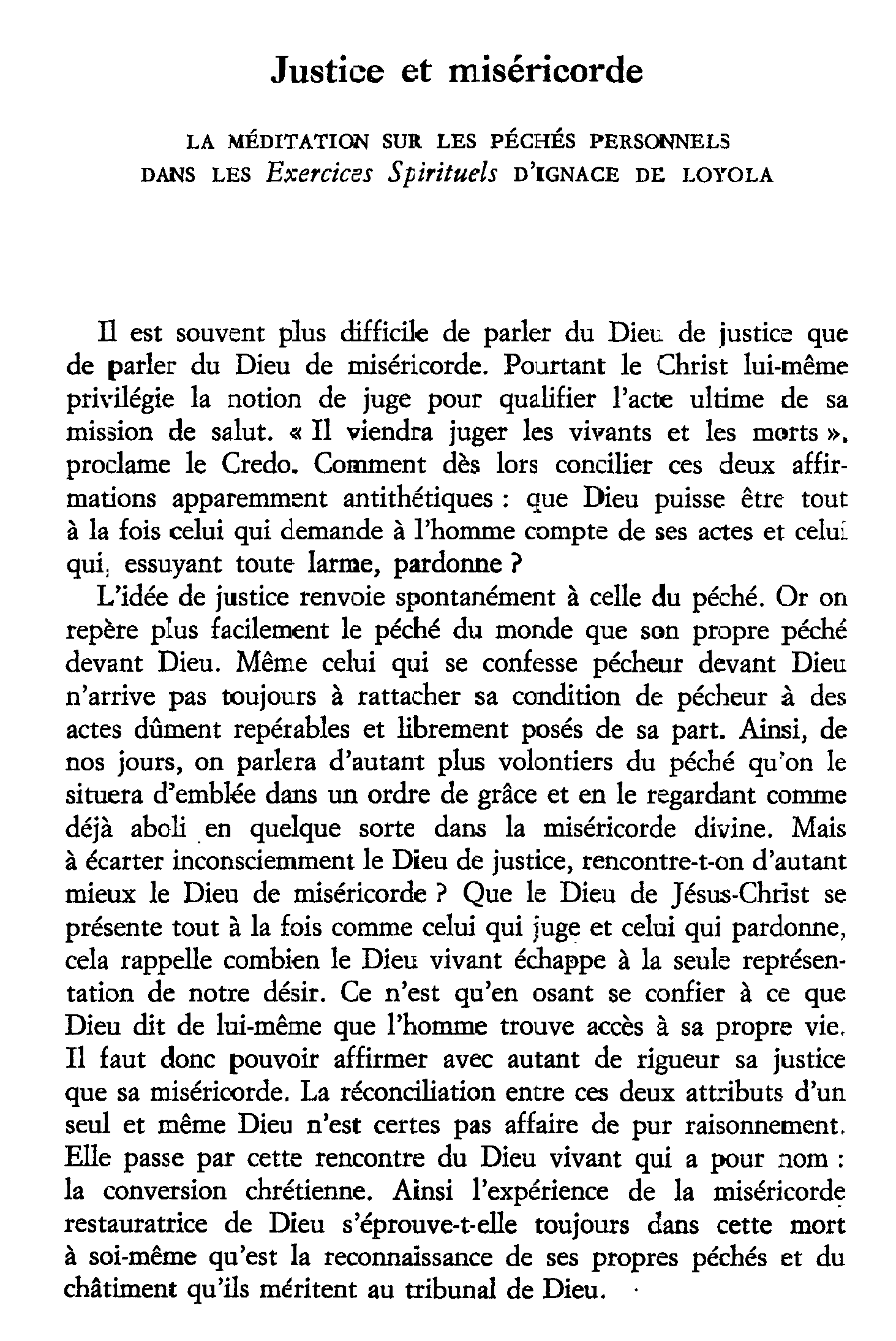 Justice et miséricorde. La méditation sur les péchés personnels dans les Exercices Spirituels d'Ignace de Loyola