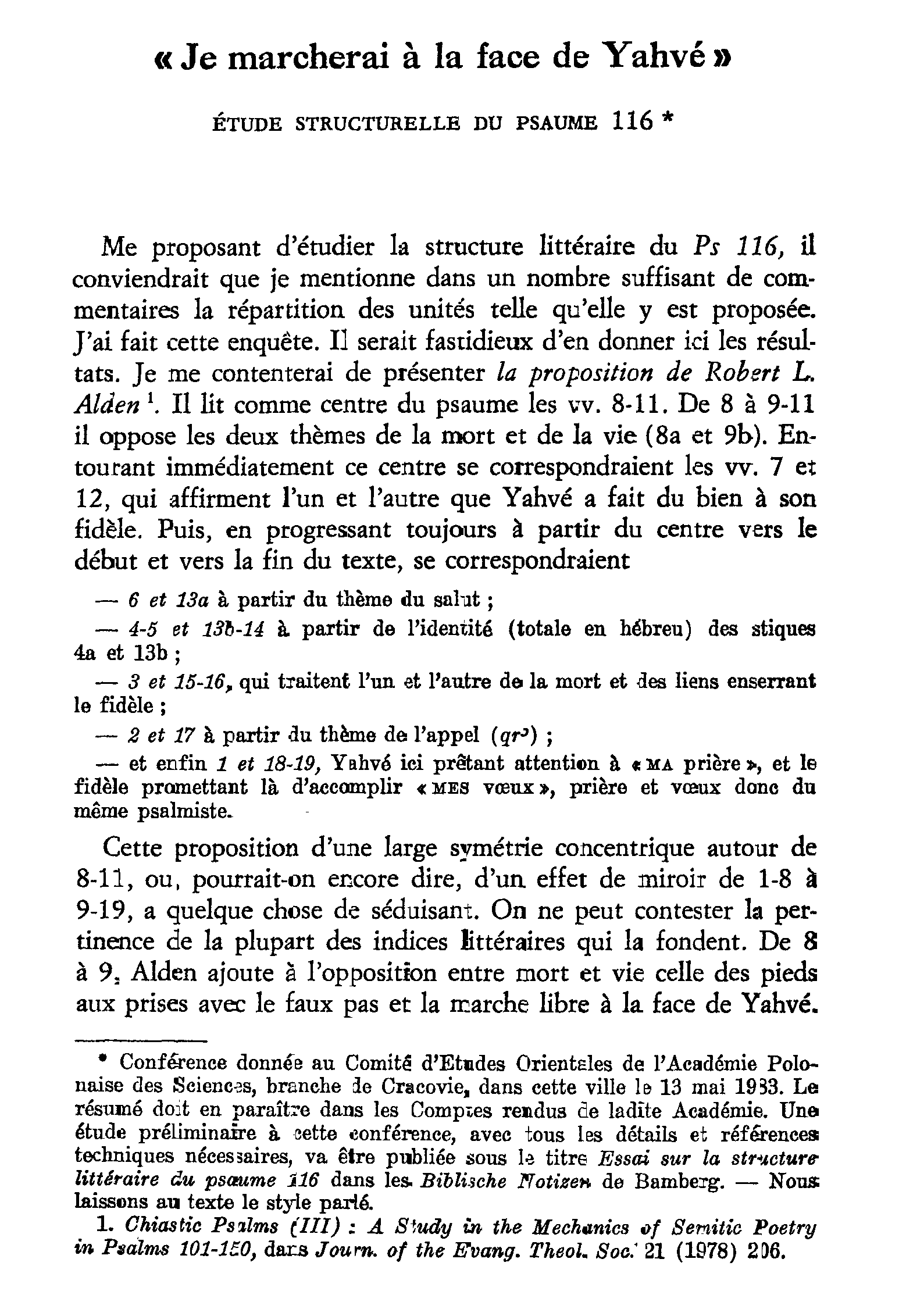 «Je marcherai à la face de Yahvé.» Étude structurelle du Psaume 116