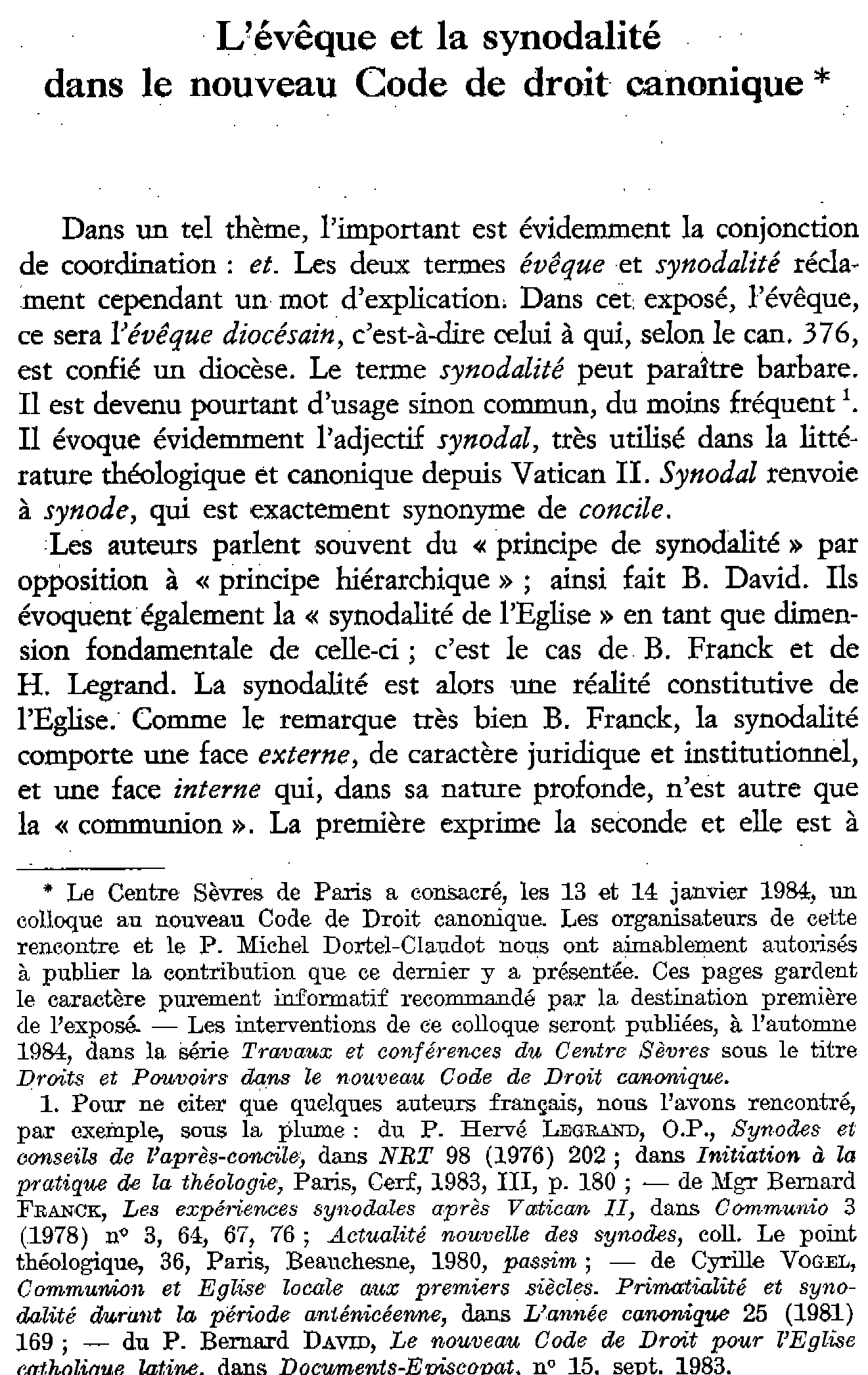 L'évêque et la synodalité dans le nouveau Code de droit canonique