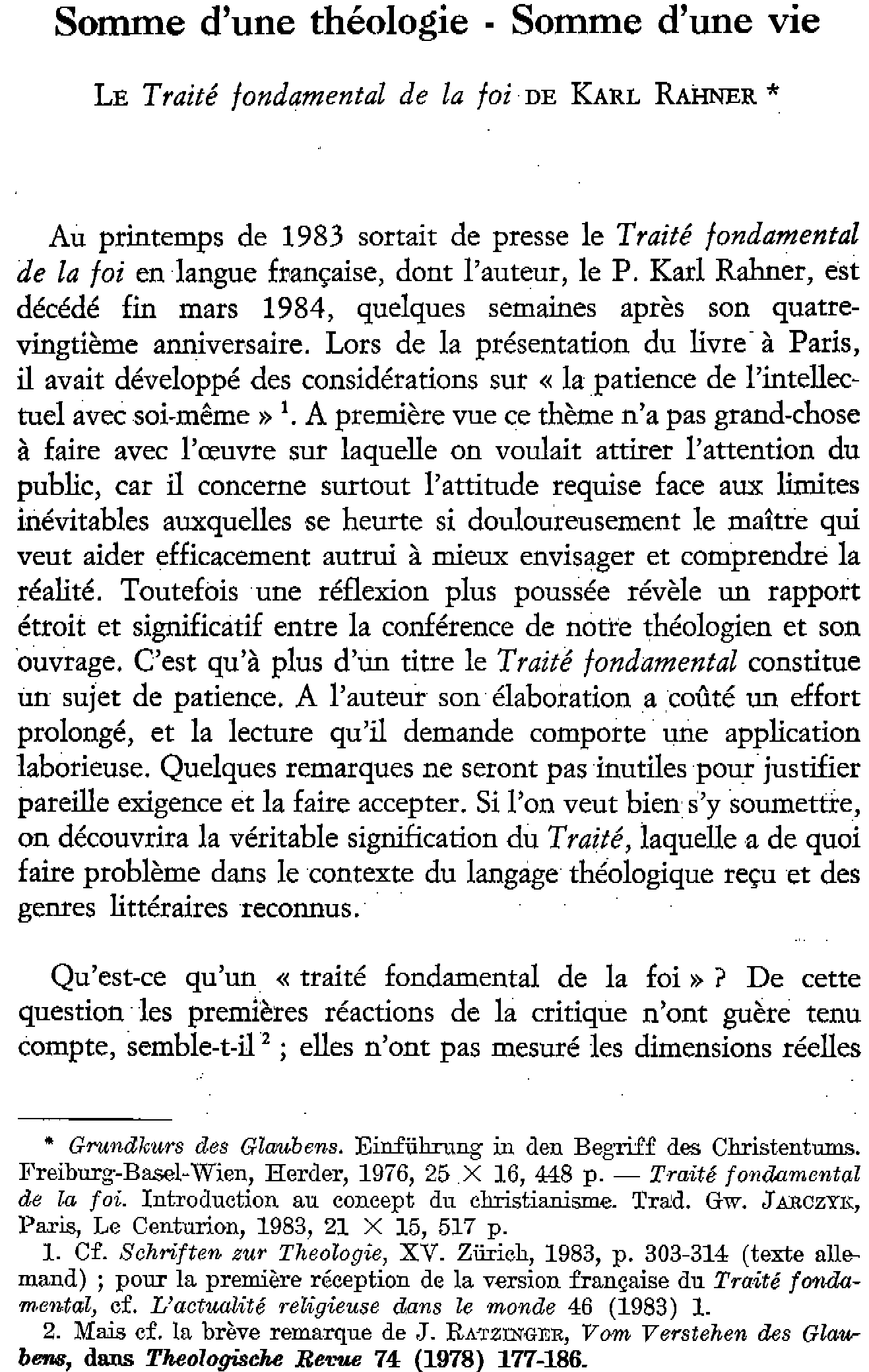 Somme d'une théologie - Somme d'une vie. Le Traité fondamental dela foi de Karl Rahner