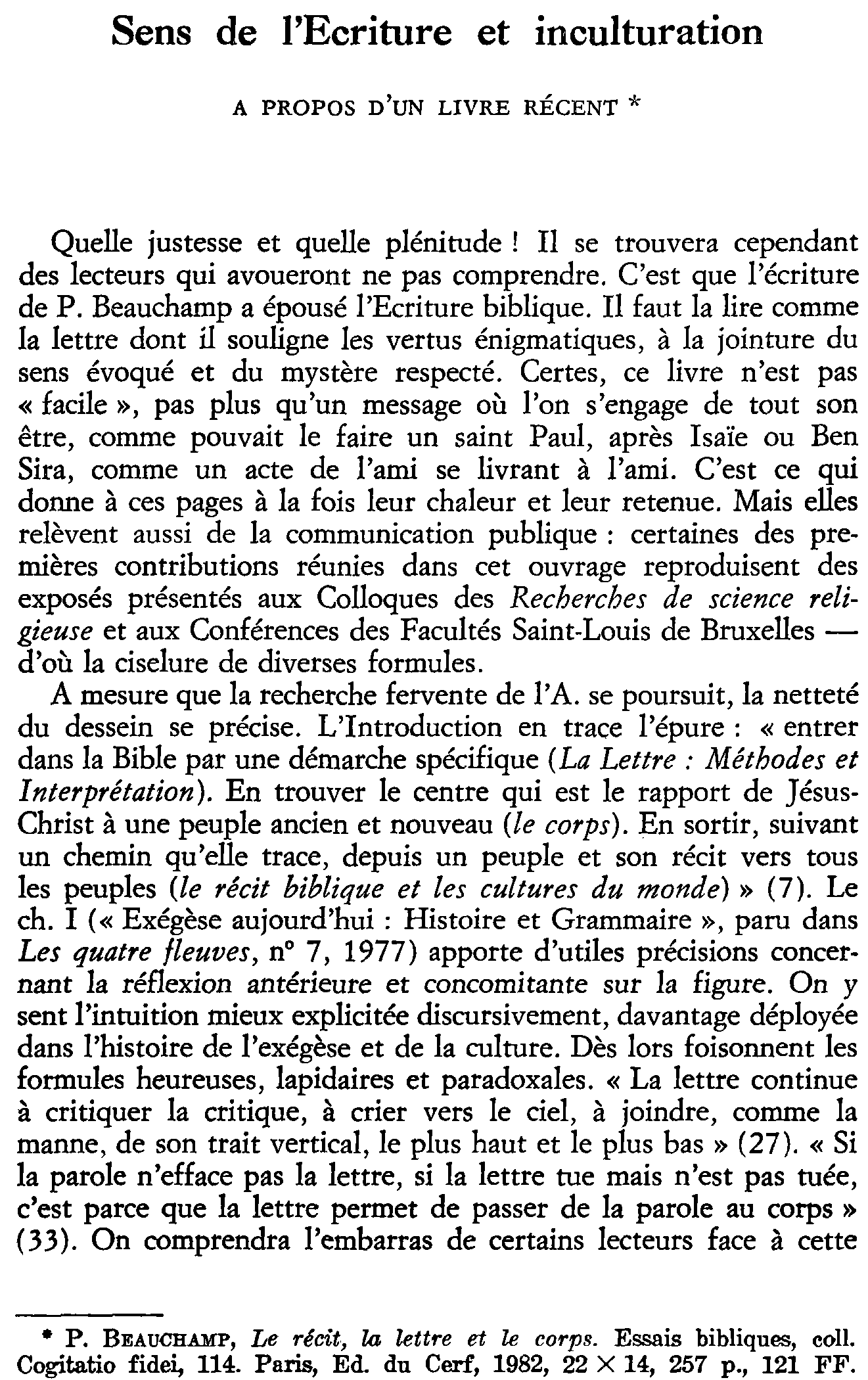 Sens de l'Écriture et inculturation. À propos d'un livre récent