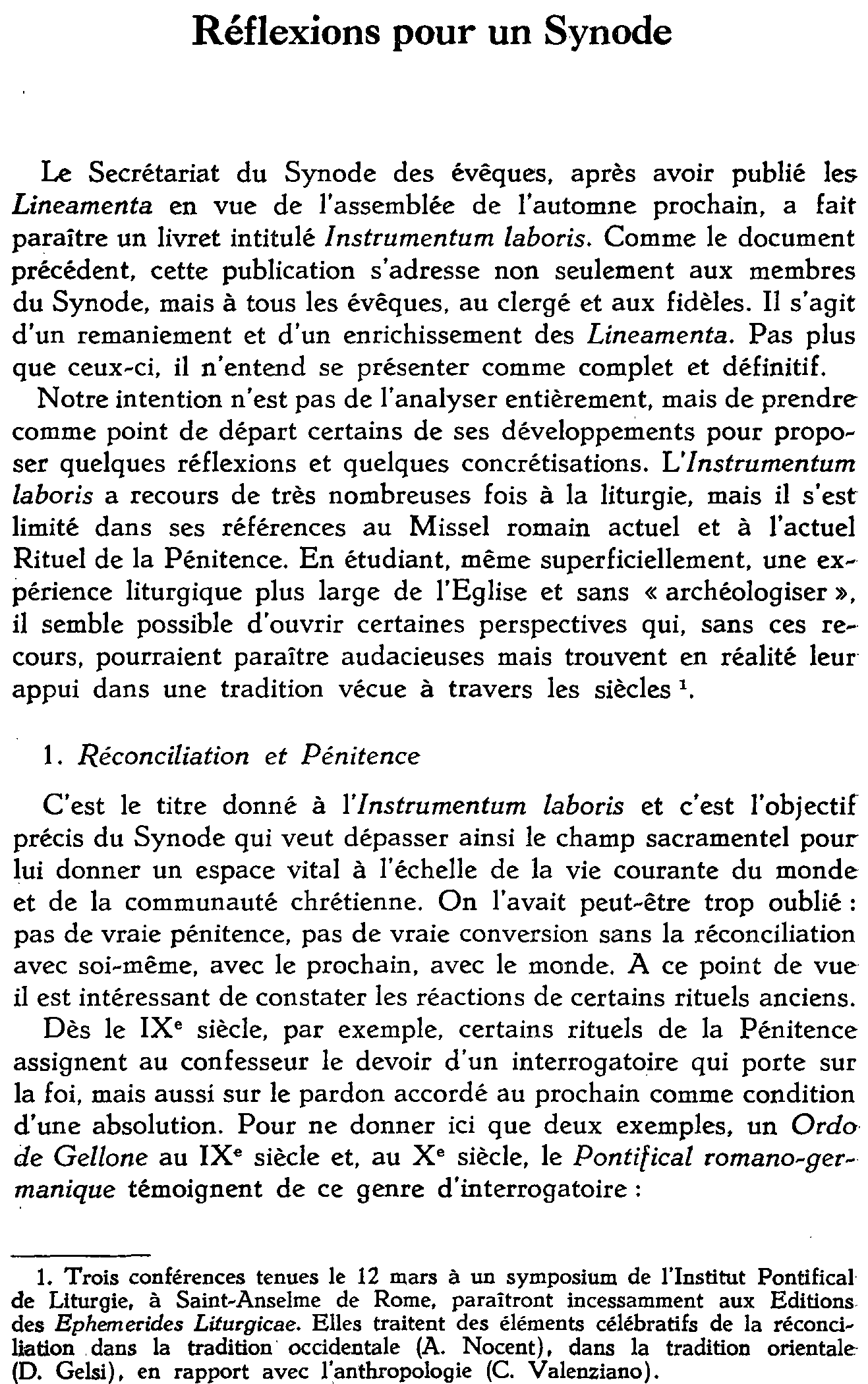 Réflexions pour un Synode