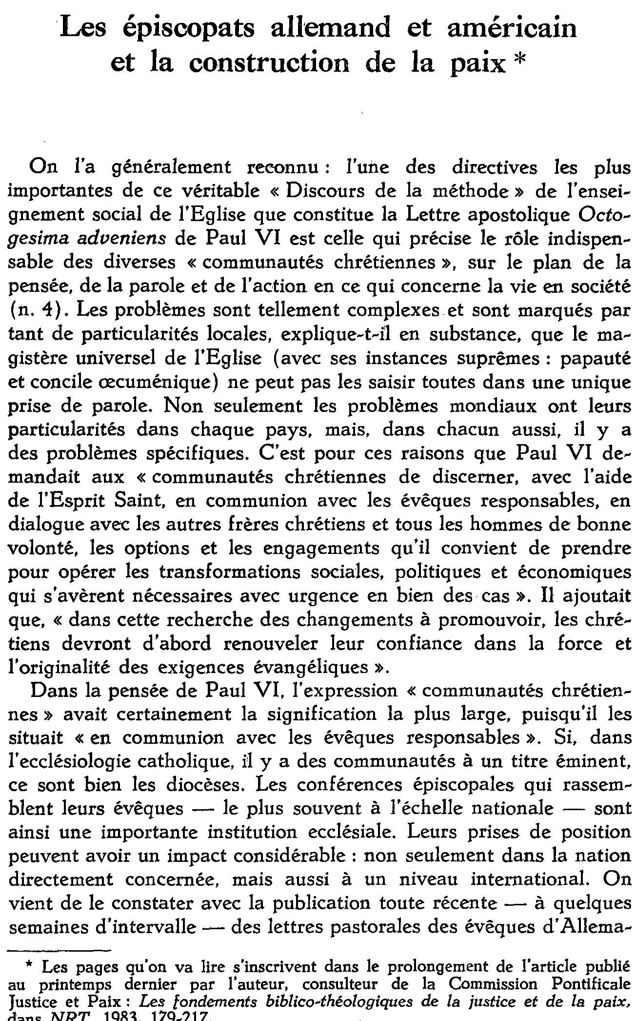 Les épiscopats allemand et américain et la construction de la paix