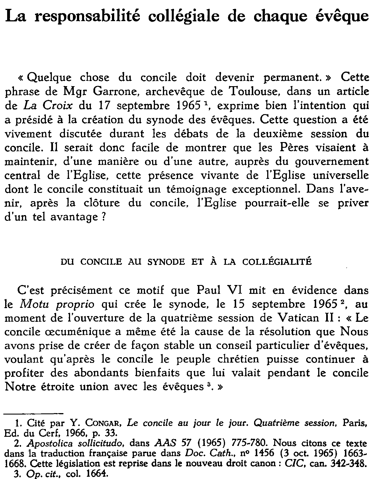 La responsabilité collégiale de chaque évêque