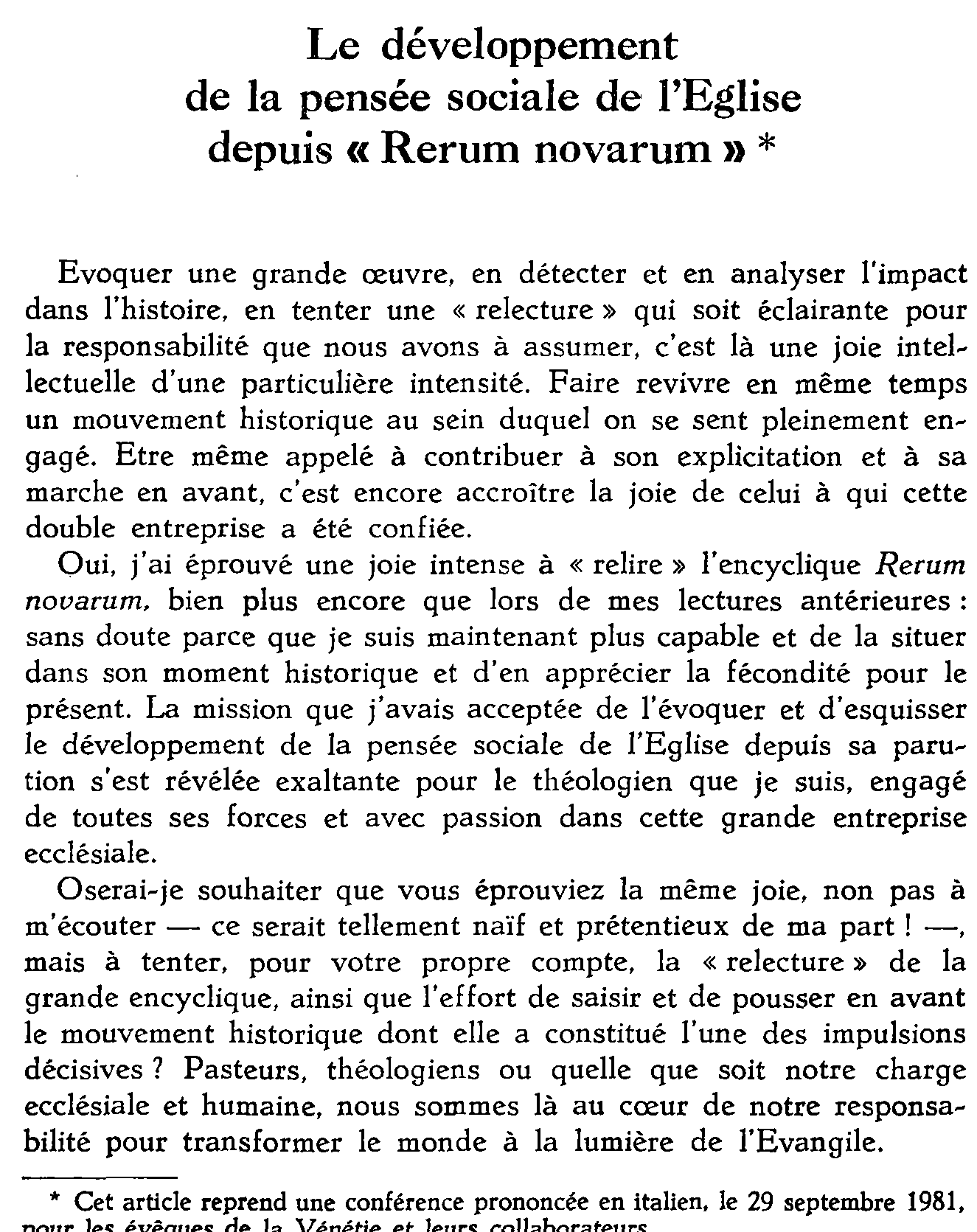Le développement de la pensée sociale de l'Église depuis Rerum novarum