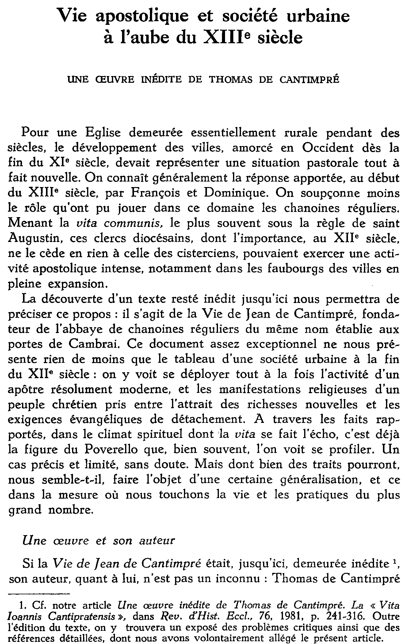 Vie apostolique et société urbaine à l'aube du XIIIe siècle