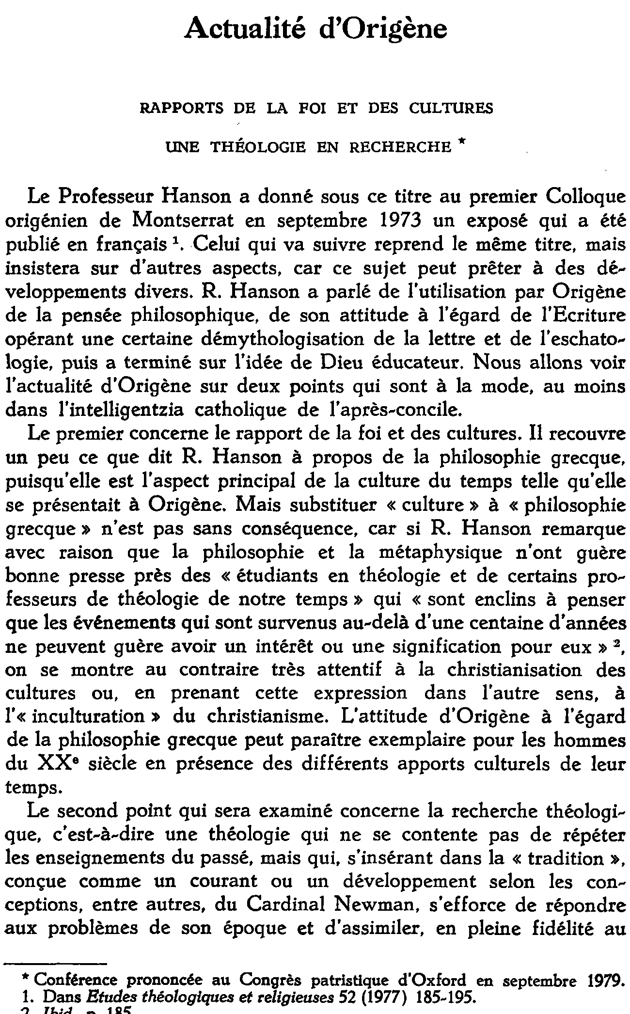 Actualité d'Origène. rapport de la foi et des cultures. Une théologie en recherche