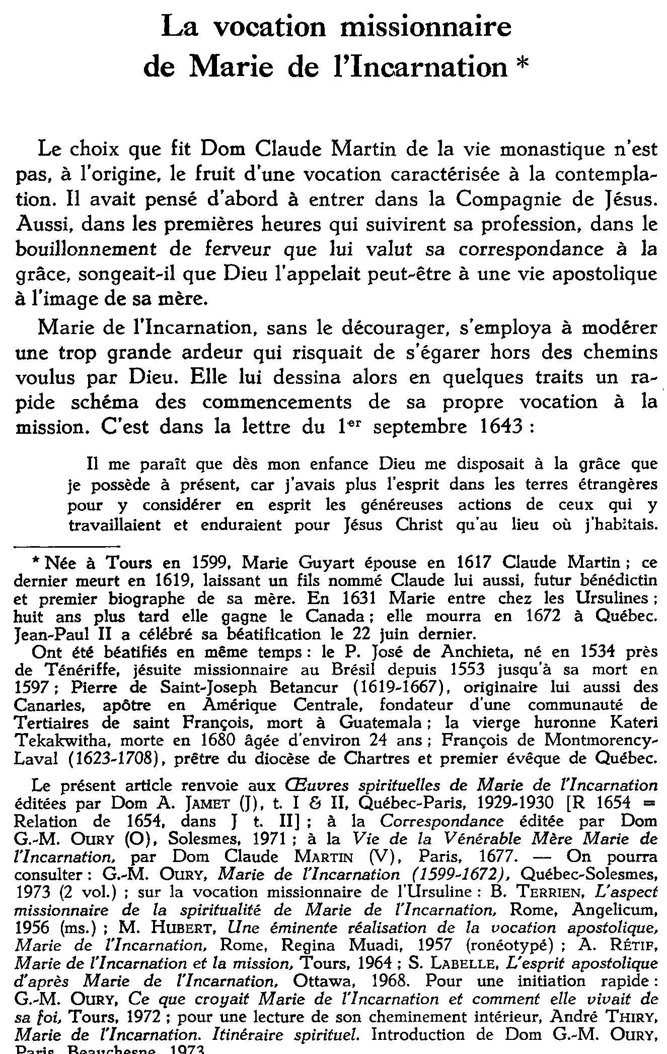 La vocation missionnaire de Marie de l'Incarnation