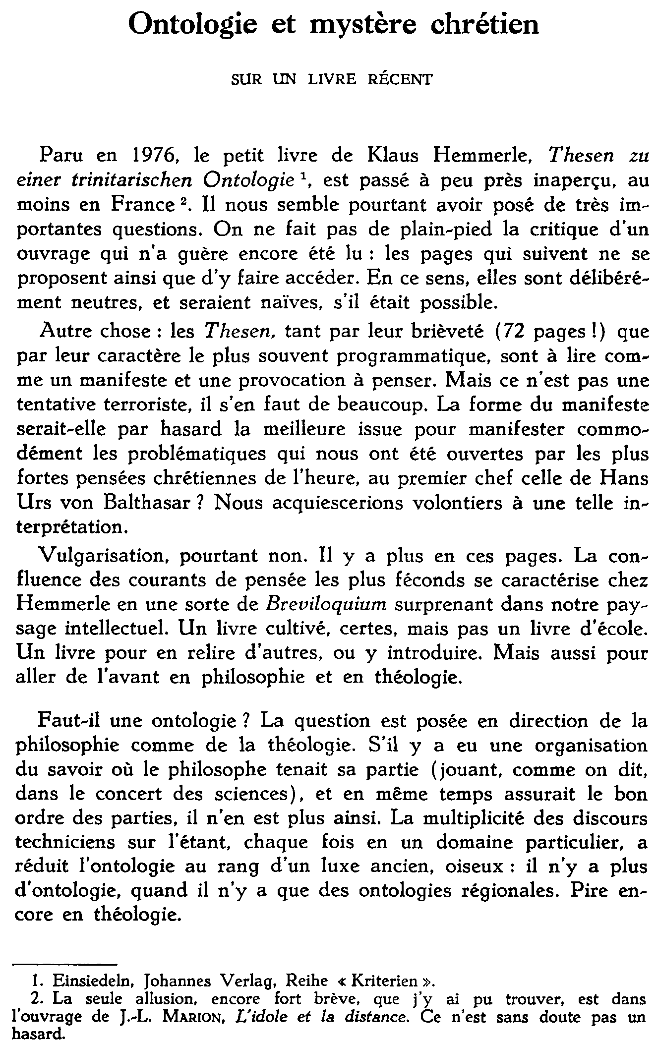 Ontologie et mystère chrétien