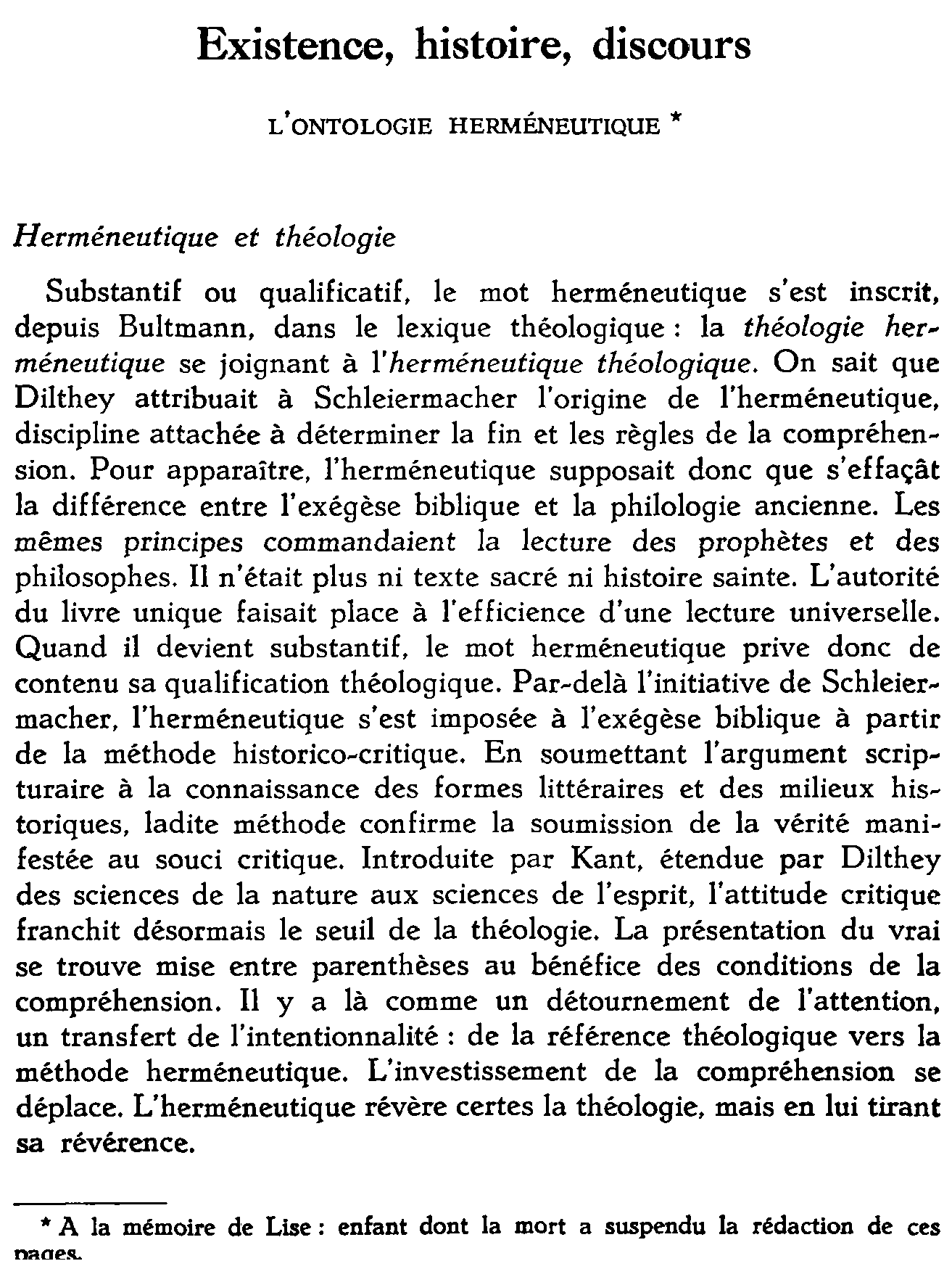 Existence, histoire, discours. L'ontologie herméneutique