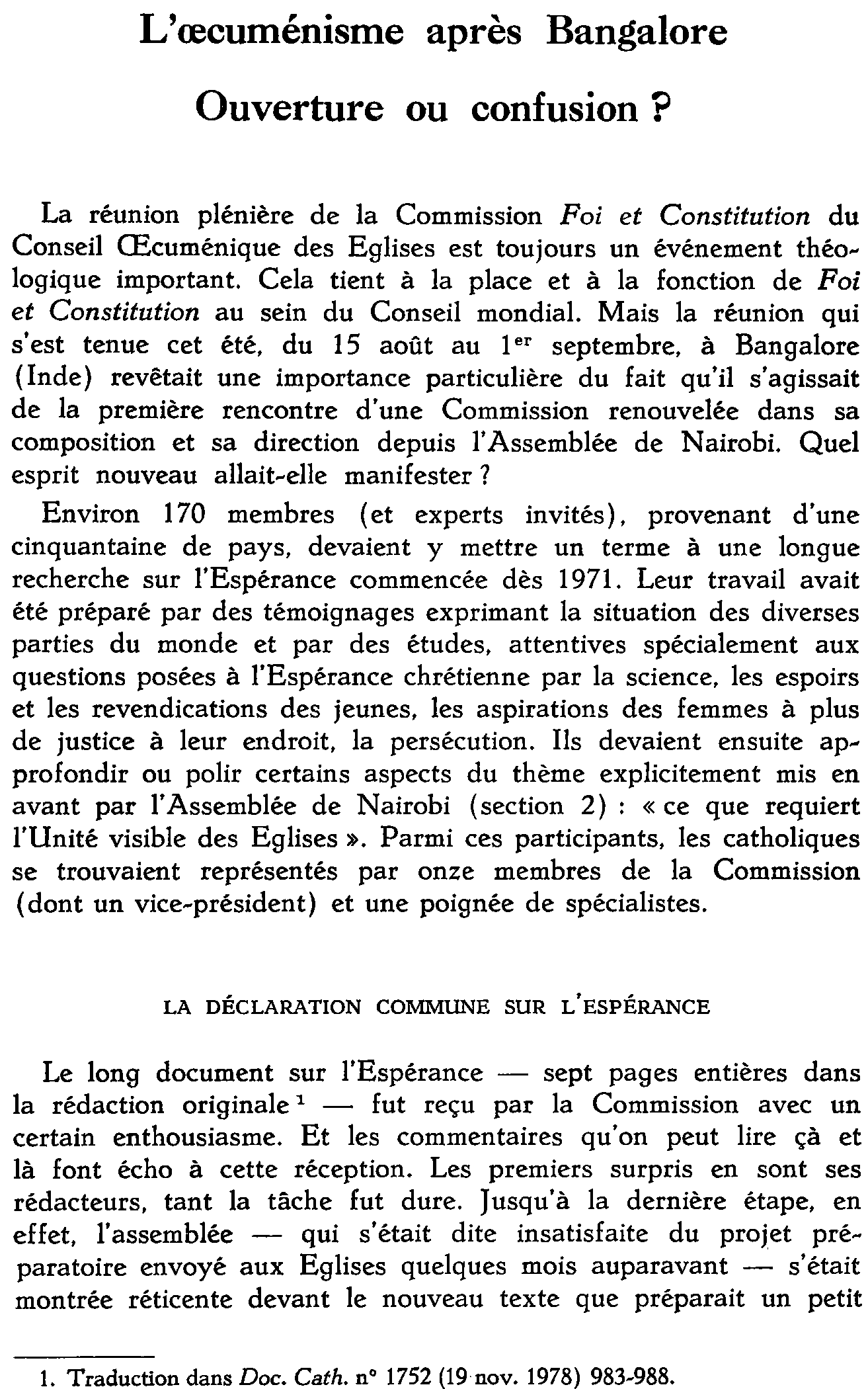 L'oecuménisme après Bangalore. Ouverture ou confusion?
