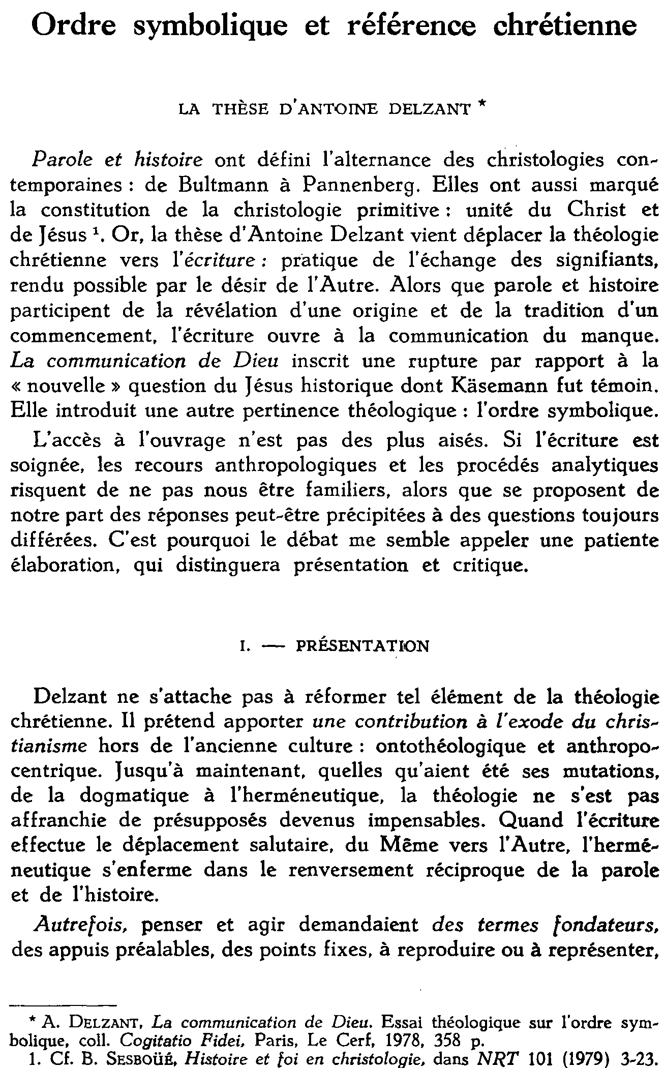 Ordre symbolique et référence chrétienne. La thèse d'Antoine Delzant