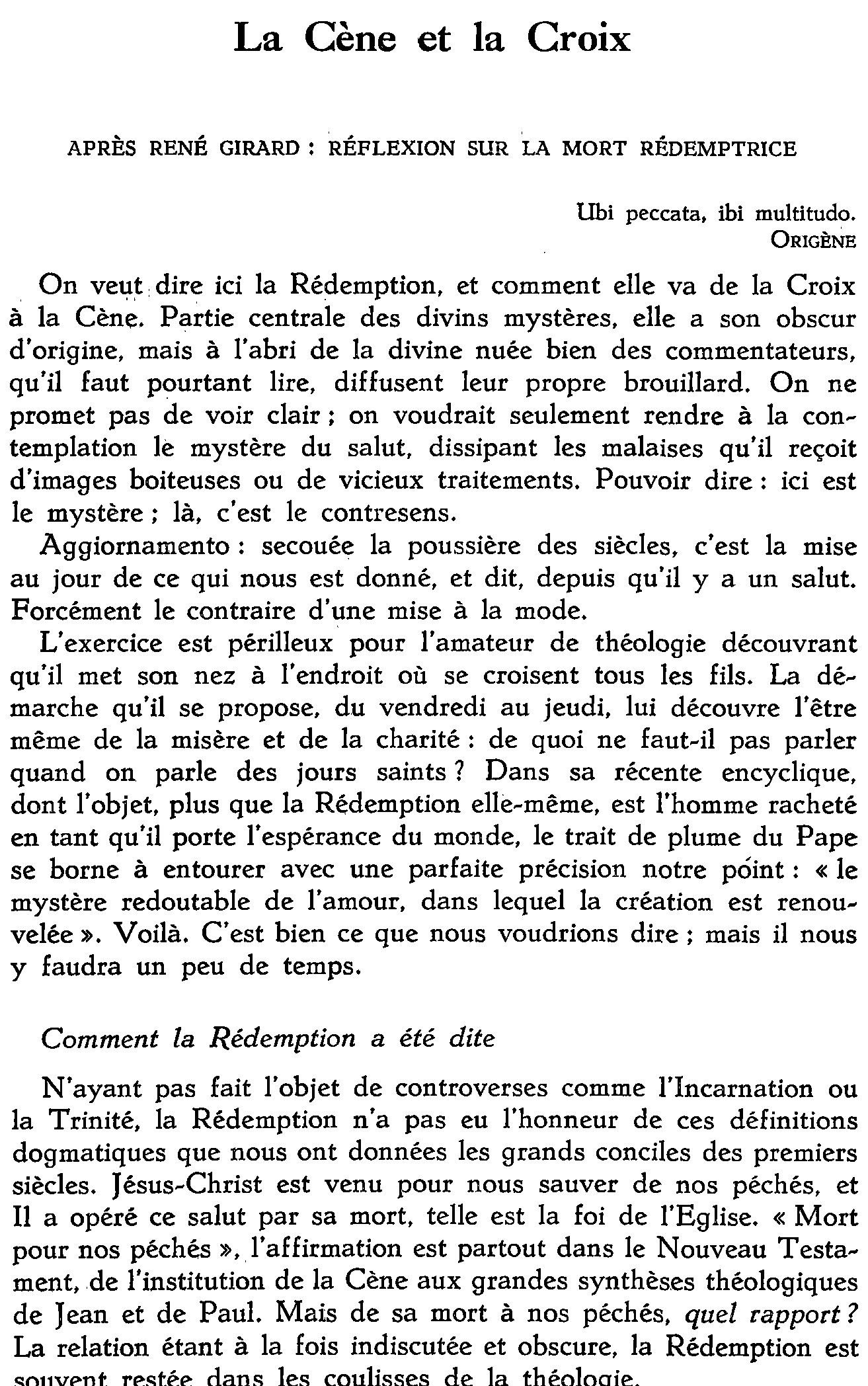 La Cène et la Croix. Après René Girard: réflexion sur la mort rédemptrice