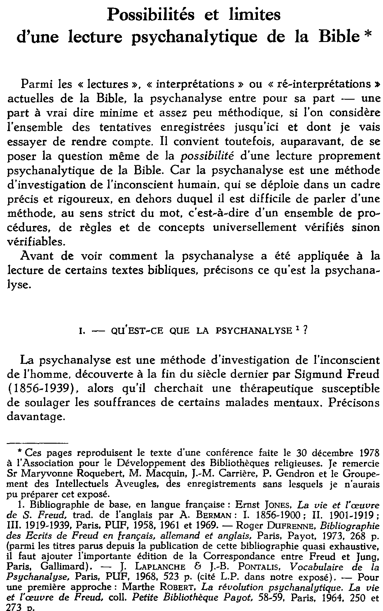 Possibilités et limites d'une lecture psychanalytique de la Bible