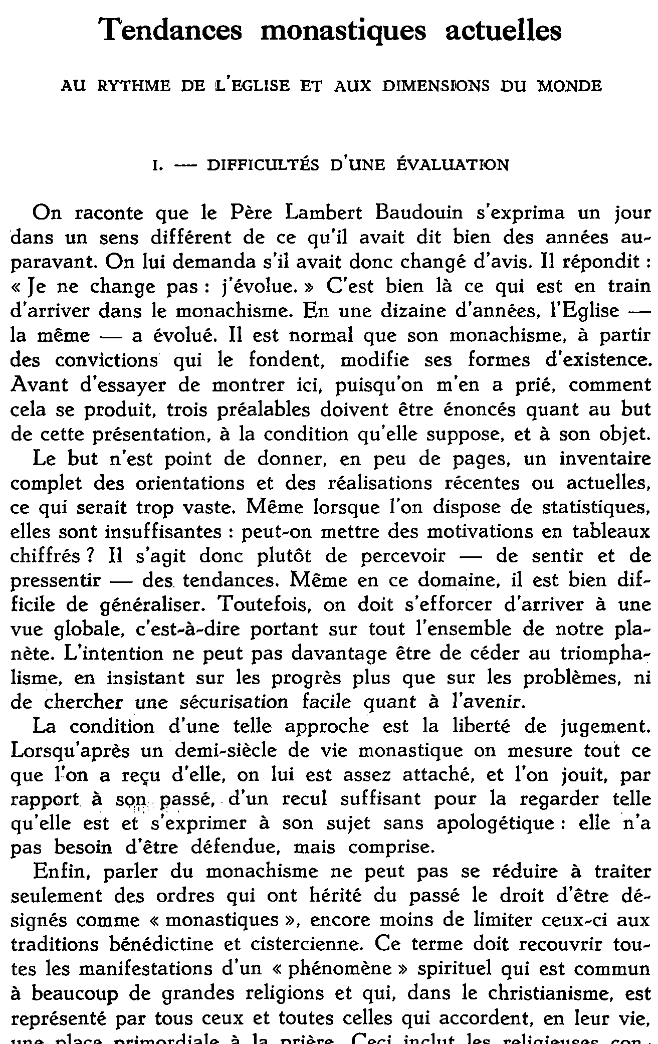 Tendances monastiques actuelles. Au rythme de l'Église et aux dimensions du monde