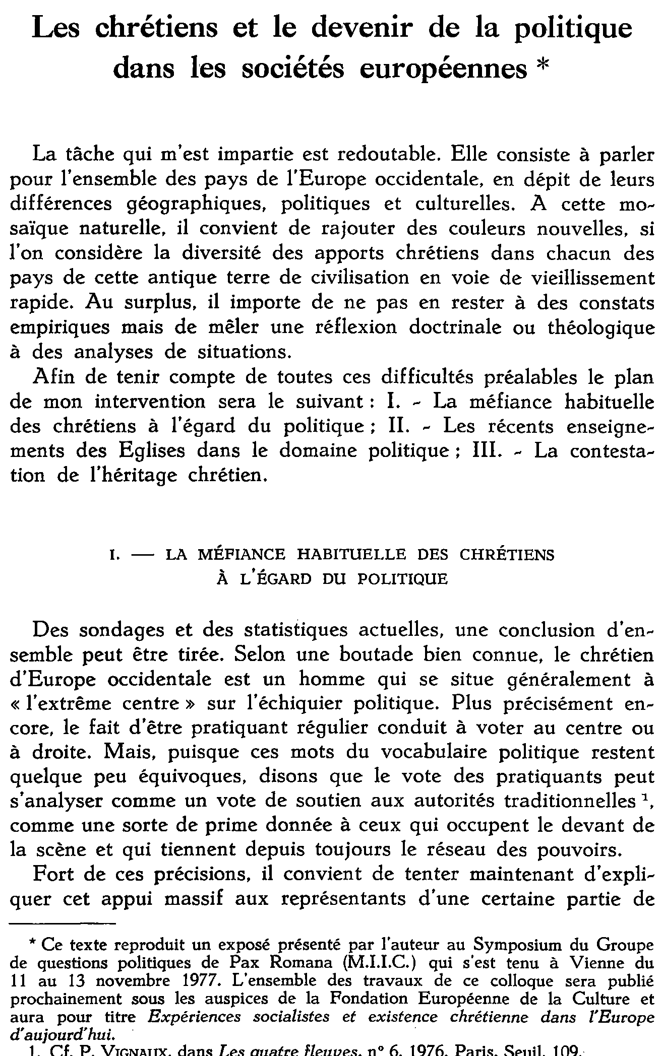Les chrétiens et le devenir de la politique dans les sociétés euopéennes