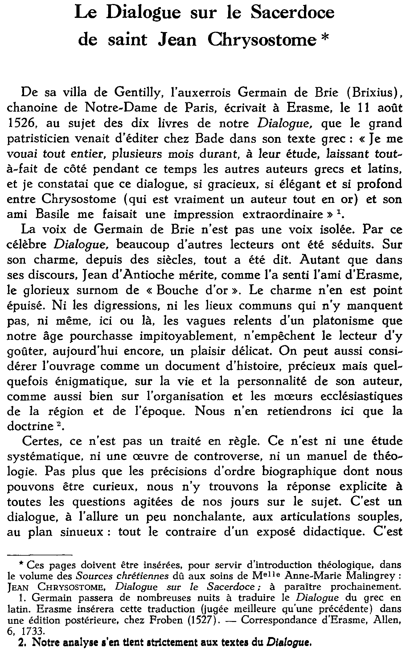 Le Dialogue sur le Sacerdoce de saint Jean Chrysostome