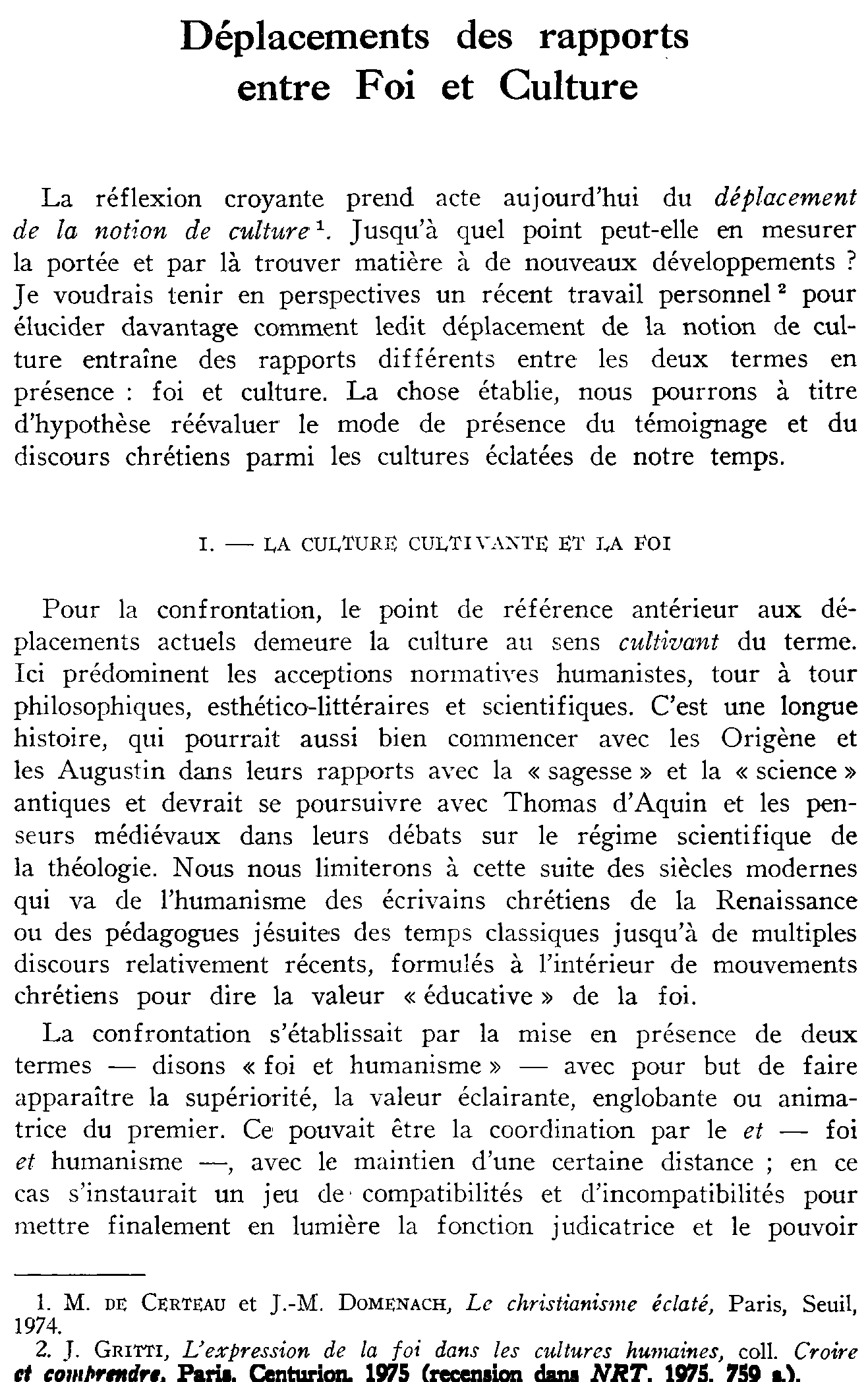 Déplacement des rapports entre Foi et Culture