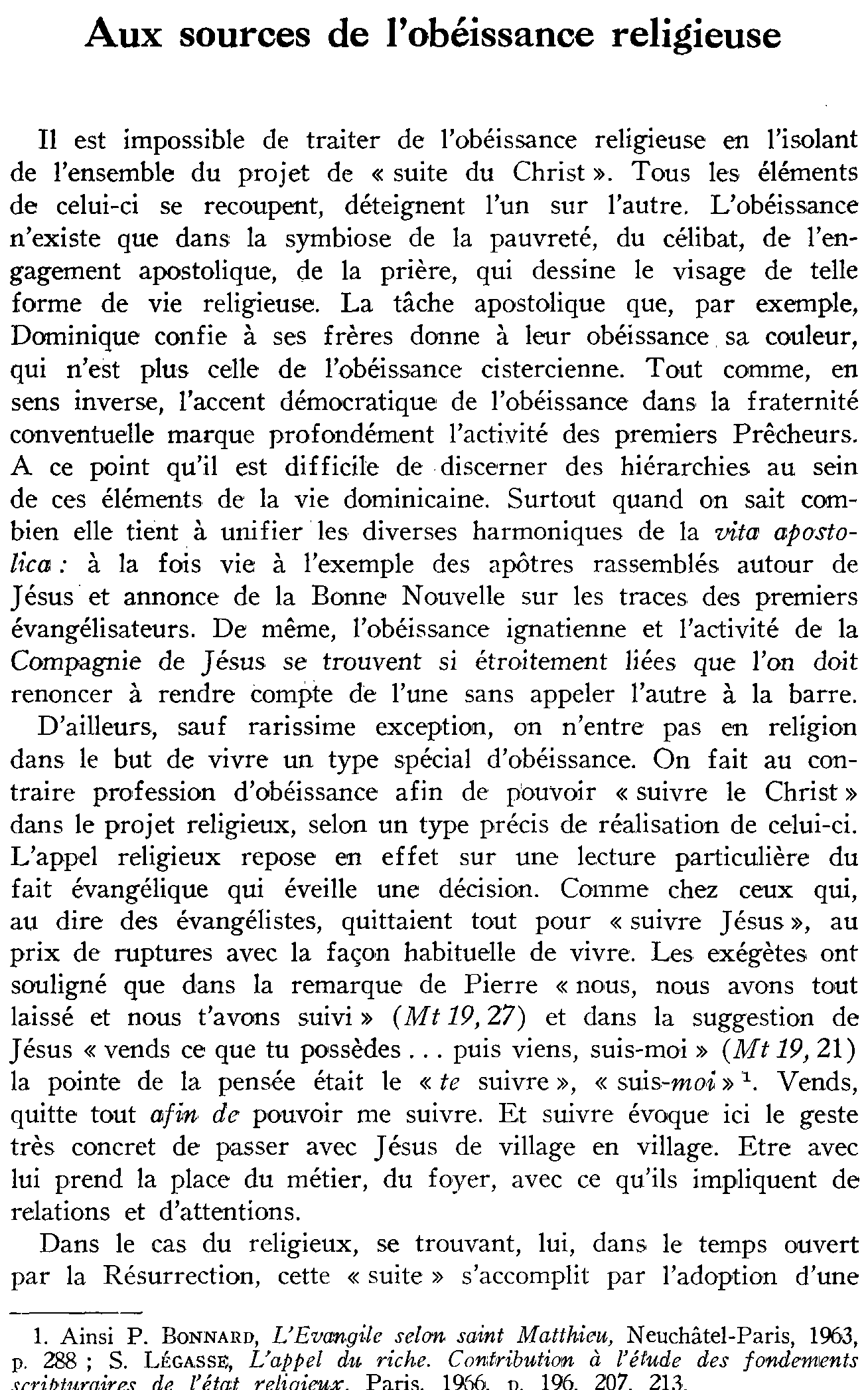 Aux sources de l'obéissance religieuse (à suivre)
