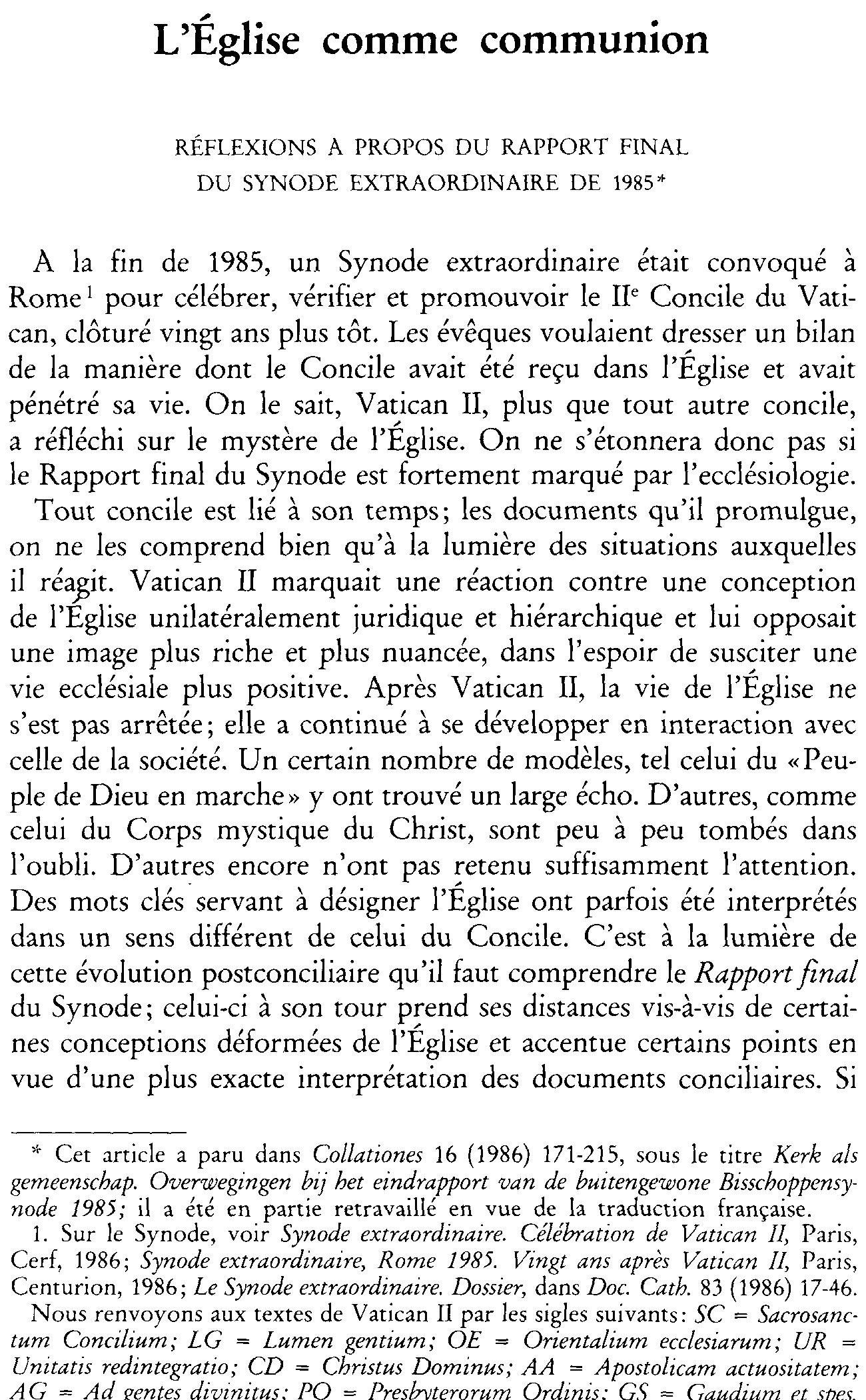 L'Église comme communion. Réflexions à  propos du Rapport final du Synode extraordinaire de 1985 (à suivre)