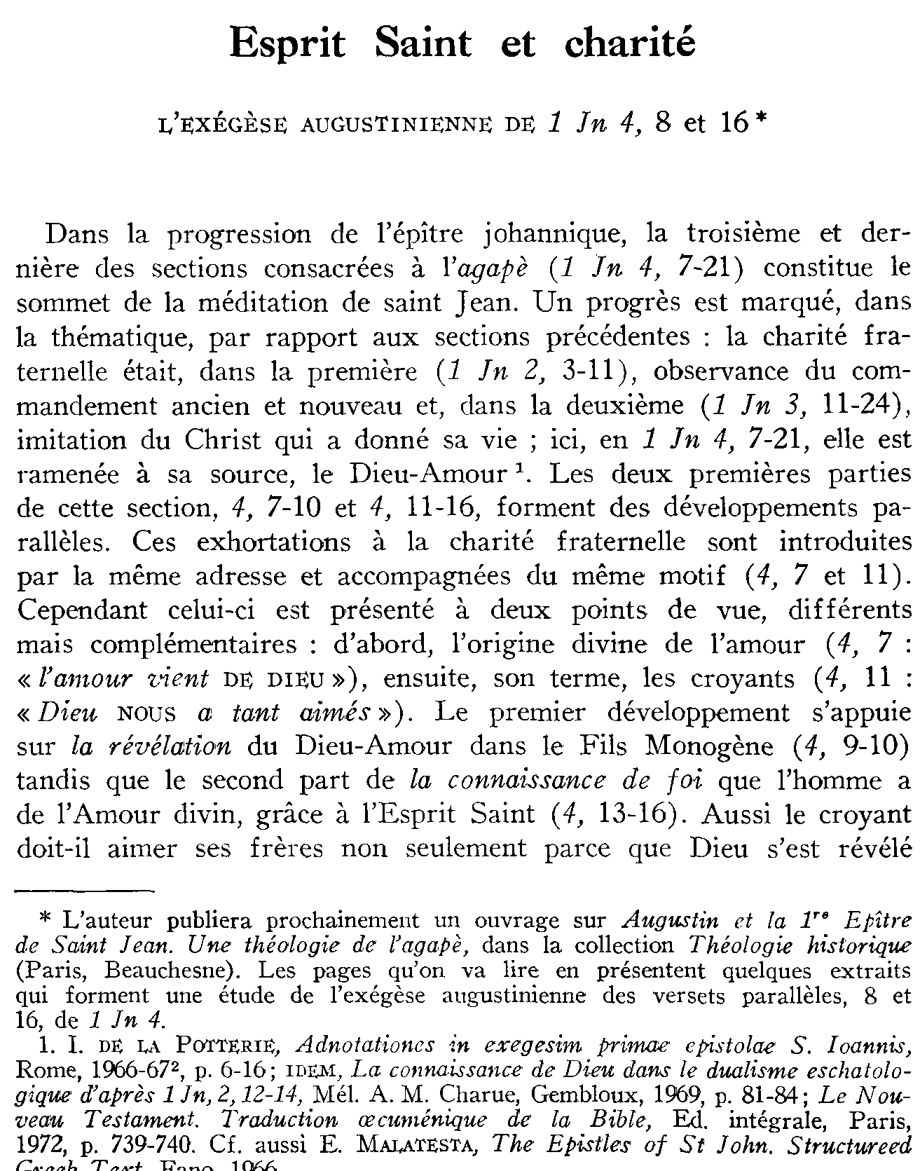 Esprit Saint et charité. L'exégèse augustinienne de 1 Jean 4,8 et 16 (à suivre)