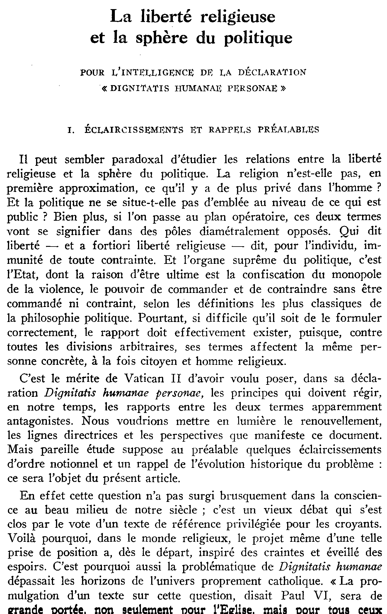La liberté religieuse et la sphère du politique. Pour l'intelligence de la déclaration Dignitatis humanae personae (à suivre)
