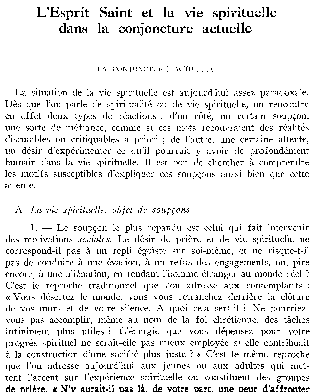 L'Esprit Saint et la vie spirituelle dans la conjecture actuelle
