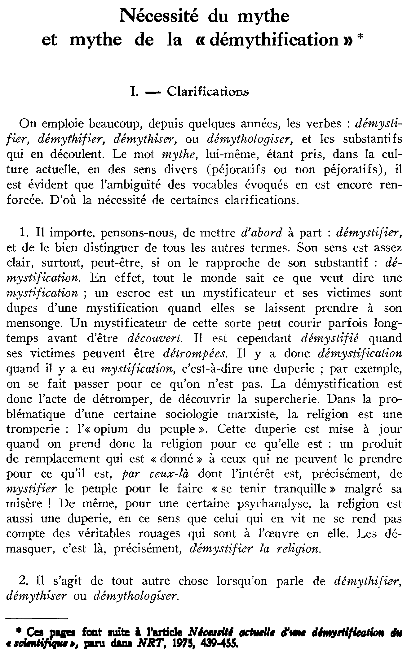 Nécessité du mythe et mythe de la «démythification»