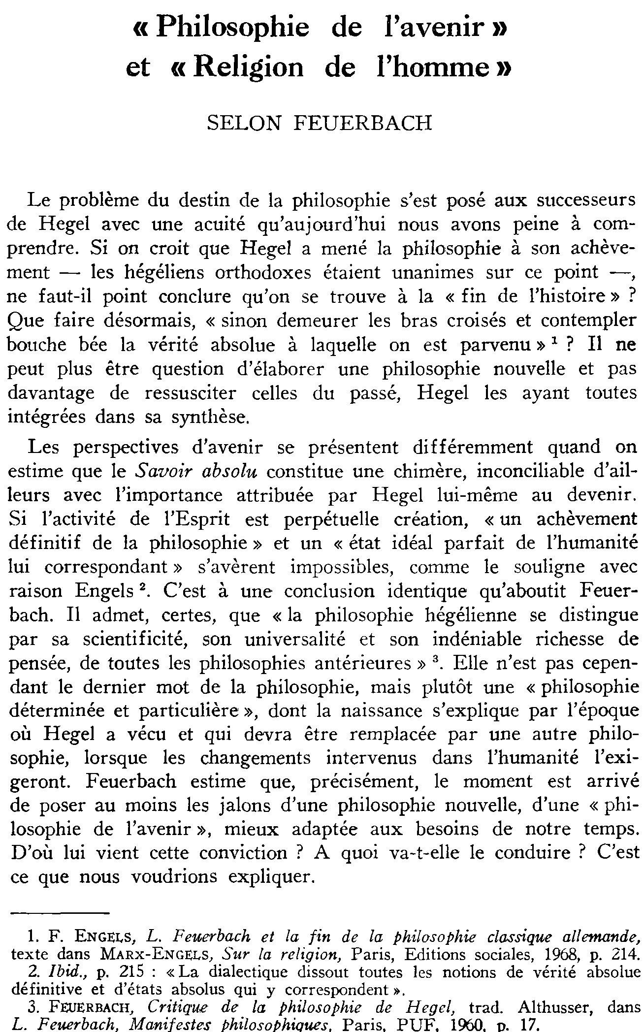 «Philosophie de l'avenir» et «Religion de l'homme» selon Feuerbach (à suivre)