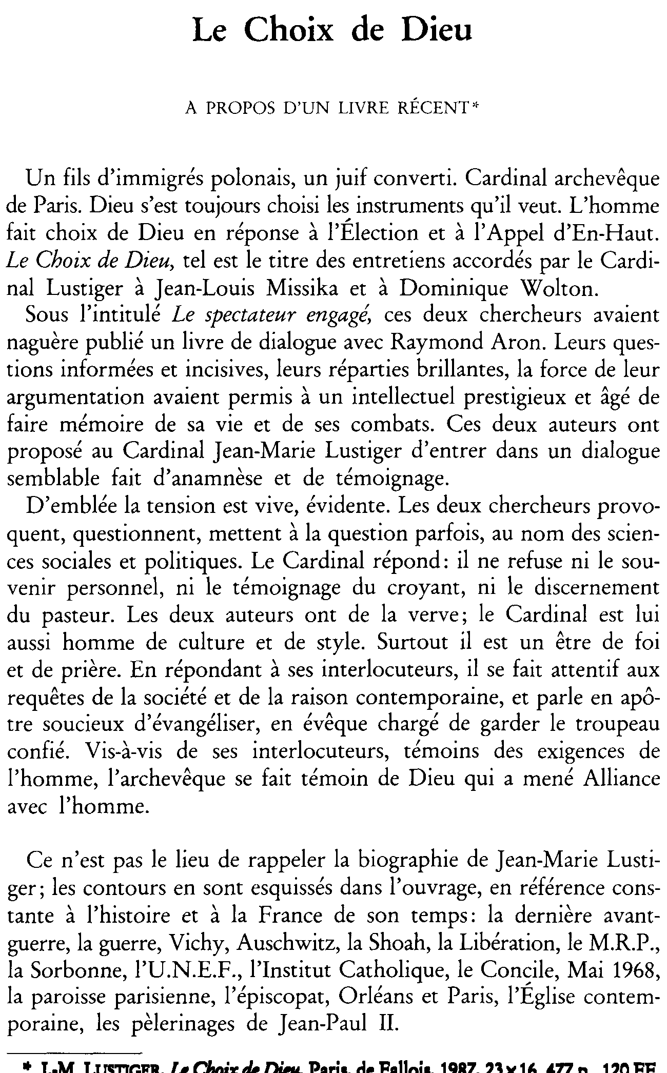 Le Choix de Dieu. À propos d'un livre récent