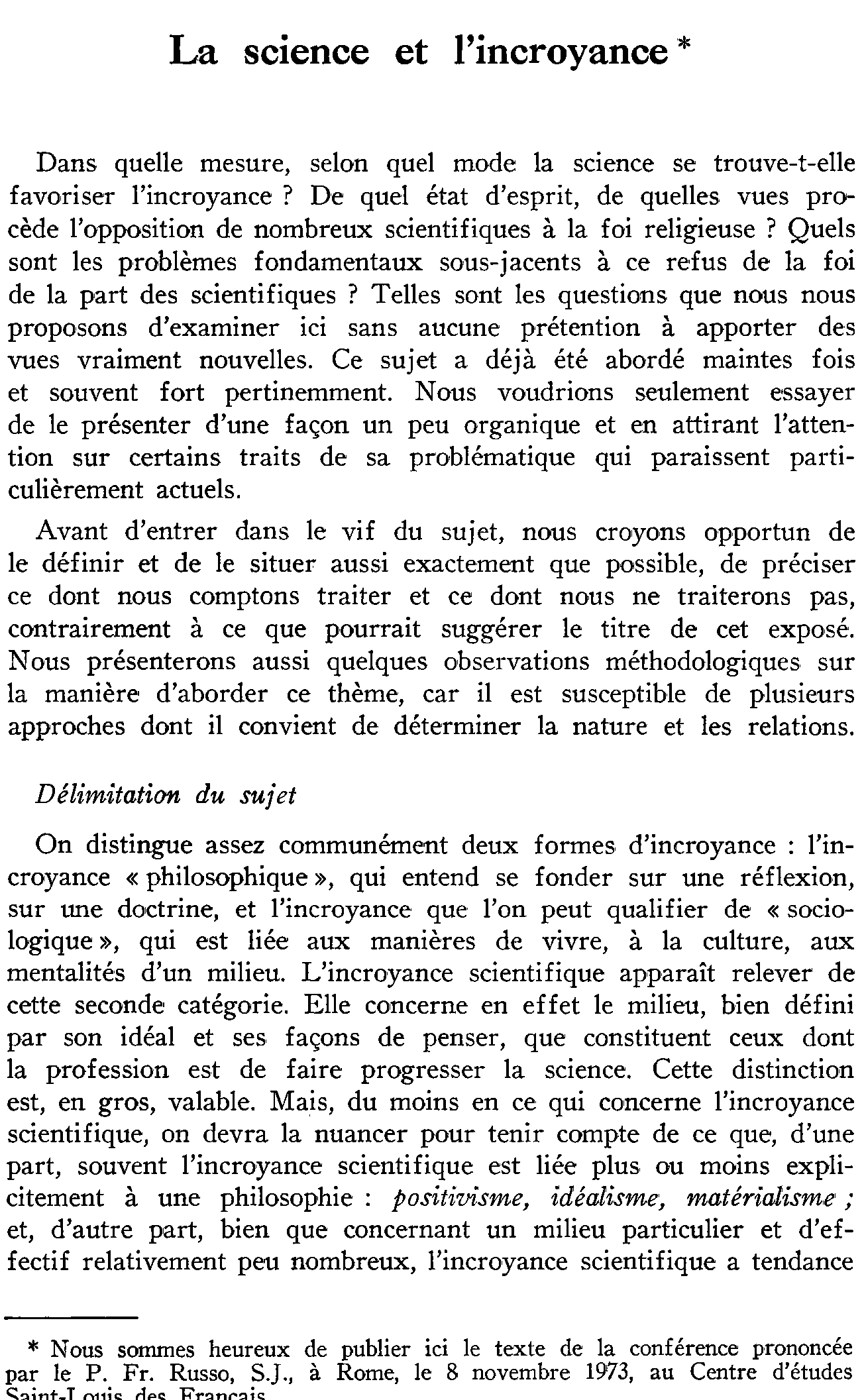Les sciences et l'incroyance
