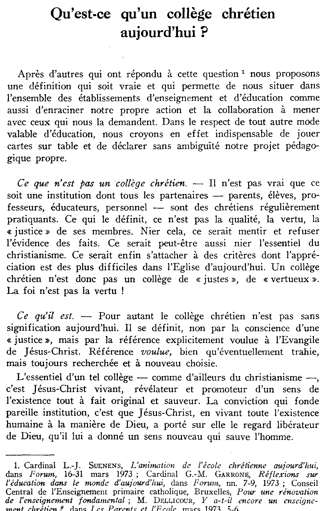 Qu'est-ce qu'un collège chrétien aujourd'hui?