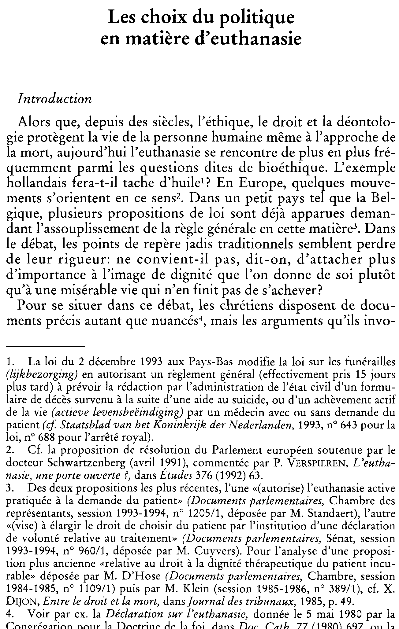 Les choix du politique en matière d'euthanasie