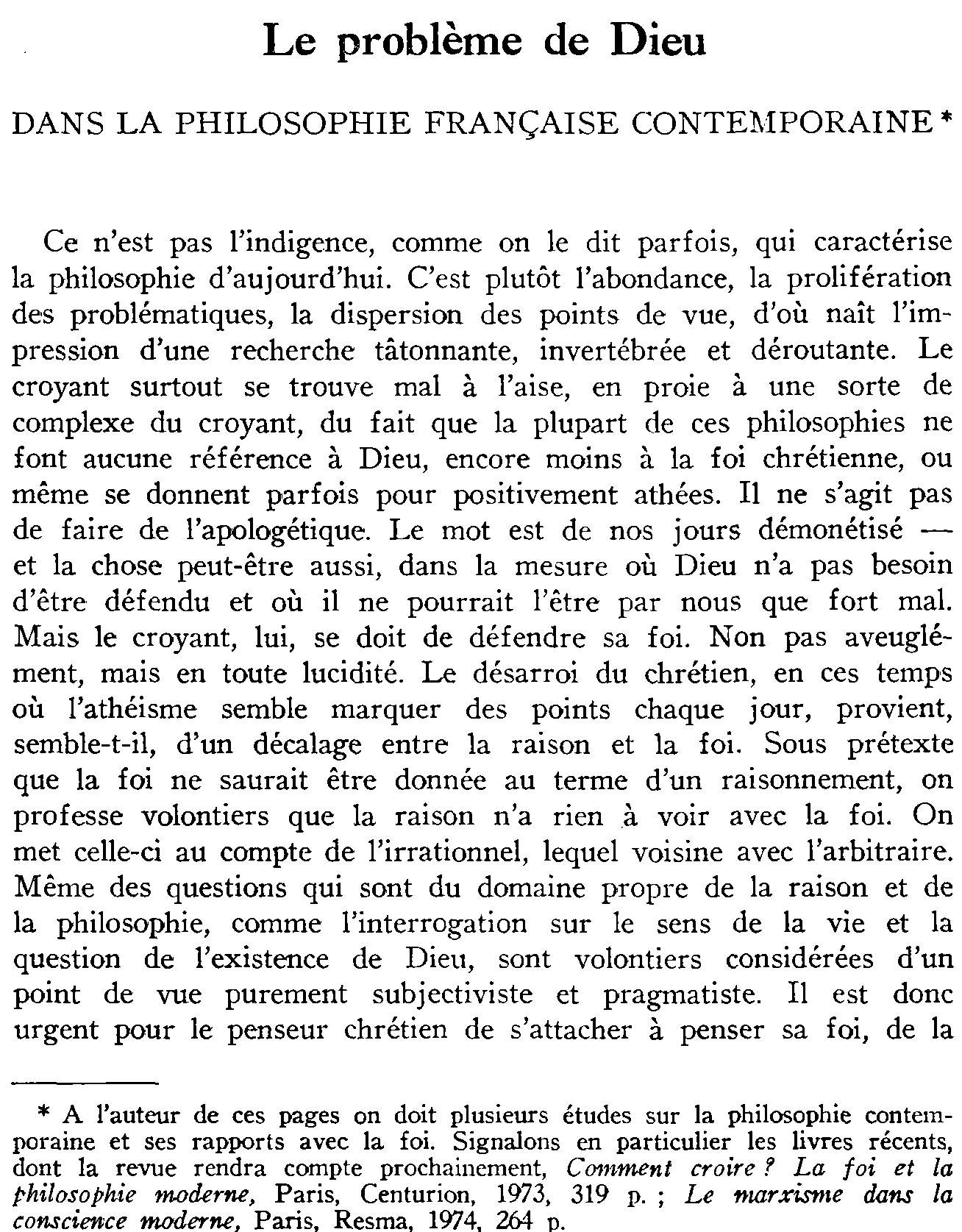 Le problème de Dieu dans la philosophie française contemporaine