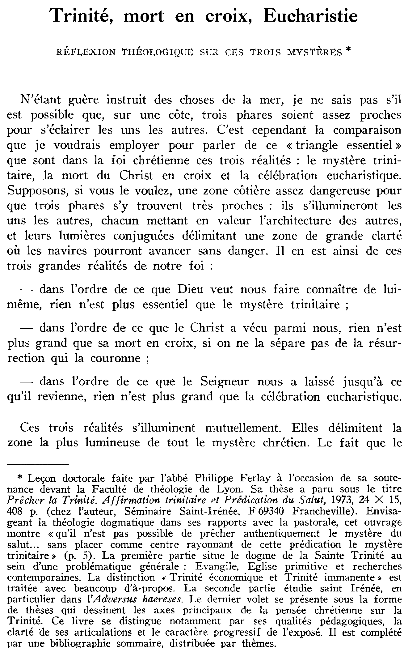 Trinité, mort en croix, Eucharistie. Réflexion théologique sur ces trois mystères