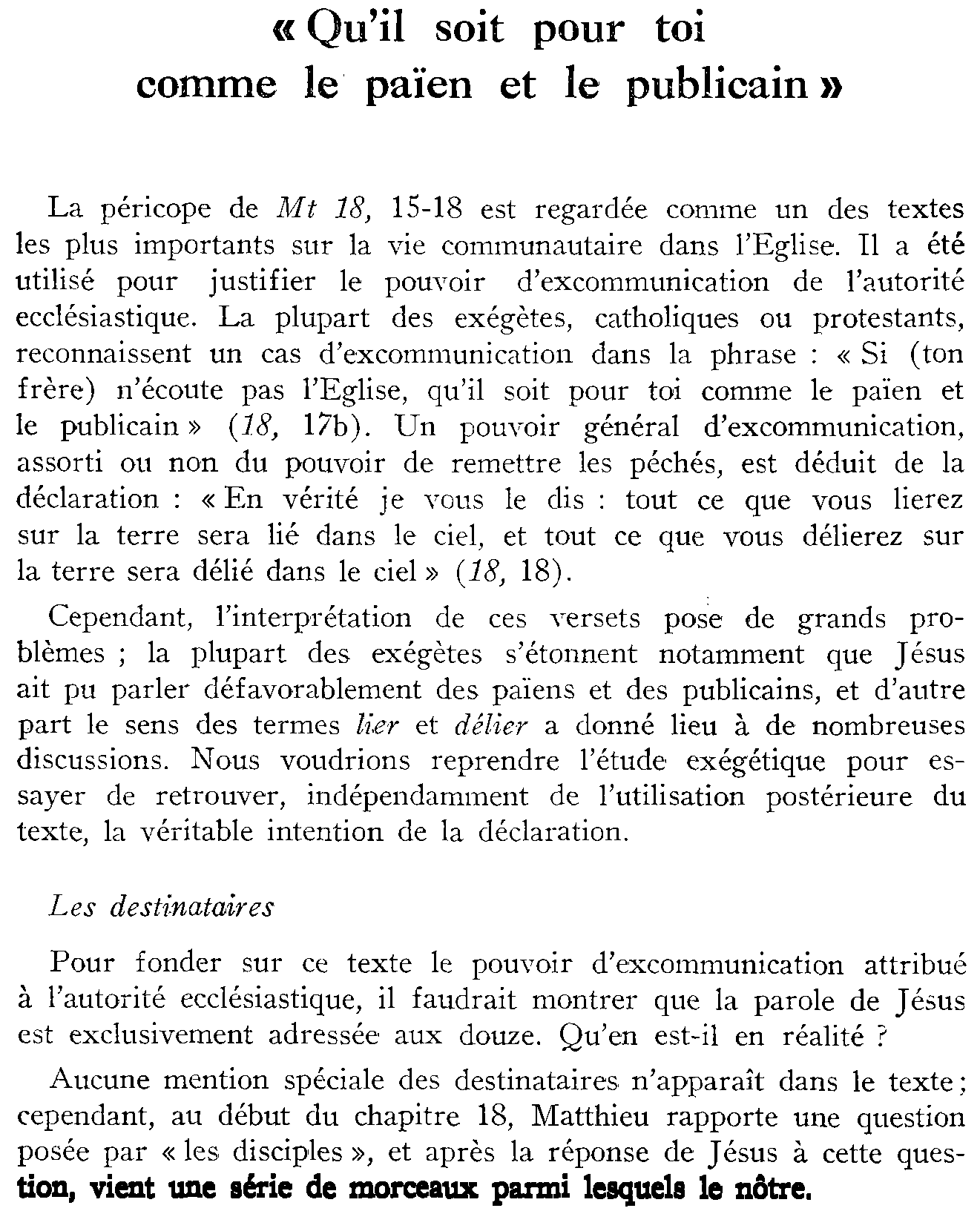 «Qu'il soit pour toi comme le païen et le publicain» (Matthieu 18,15-18)