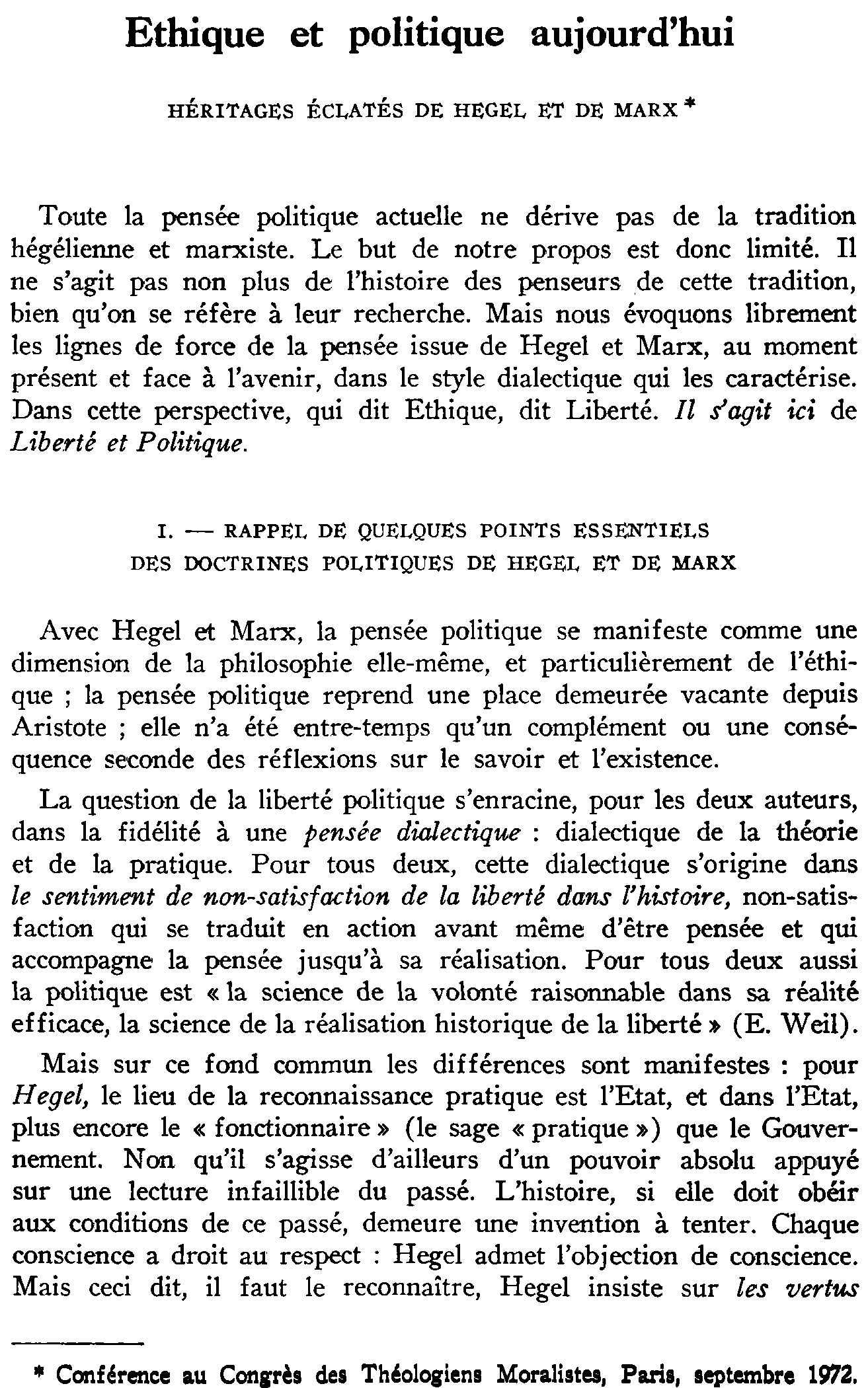 Éthique et politique aujourd'hui. héritage éclaté de Hegel et de Marx