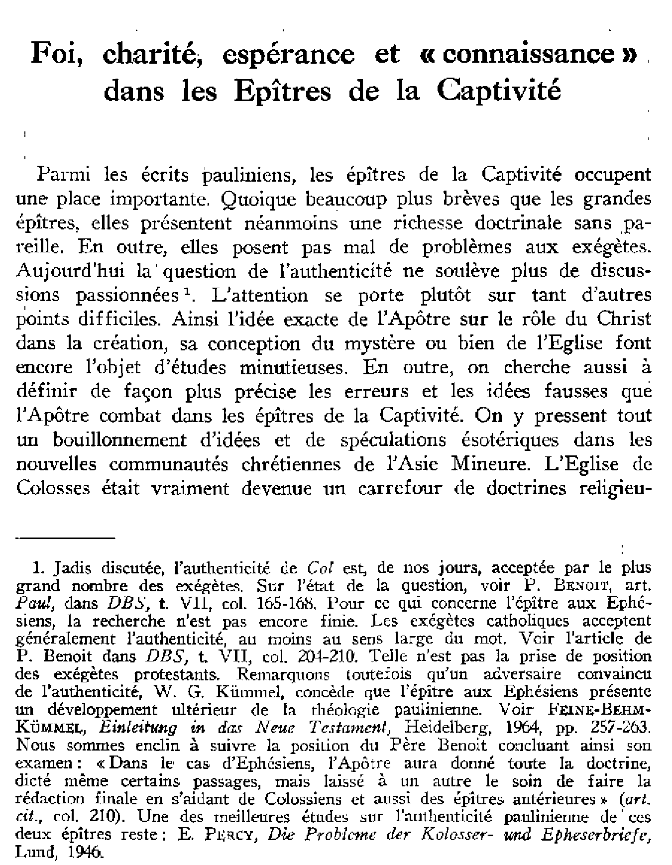 Foi, charité, espérance et «connaissance» dans les Épîtres de la Captivité (à suivre)