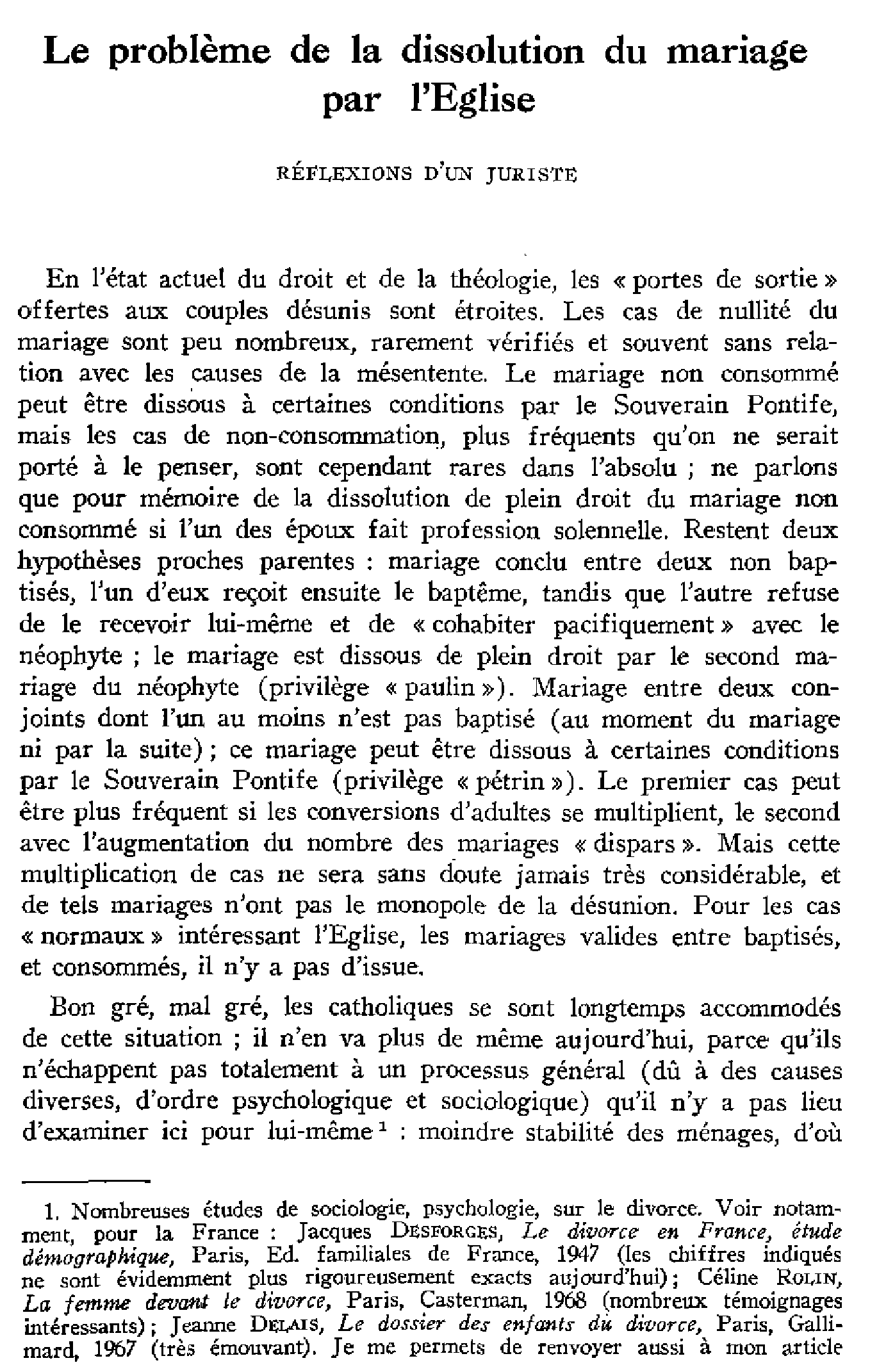 Le problème de la dissolution du mariage par l'Église. Réflexion d'un juriste