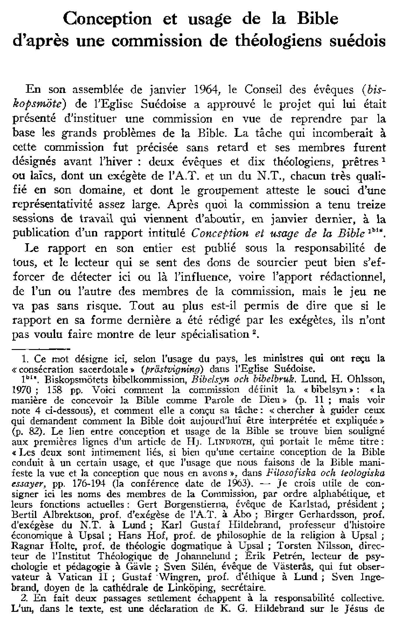 Conception et usage de la Bible d'après une commission de théologiens suédois