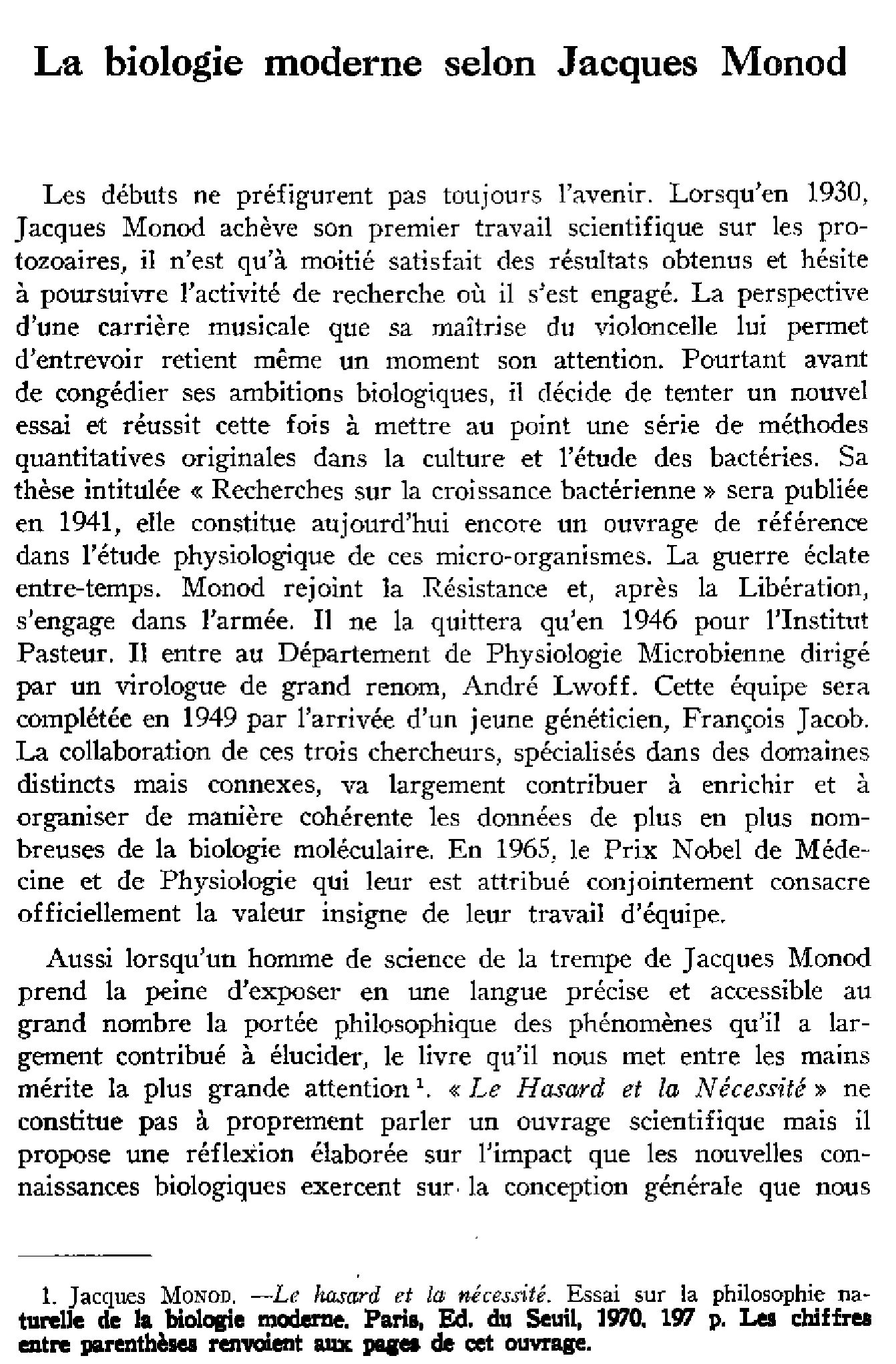 La biologie moderne selon Jacques Monod