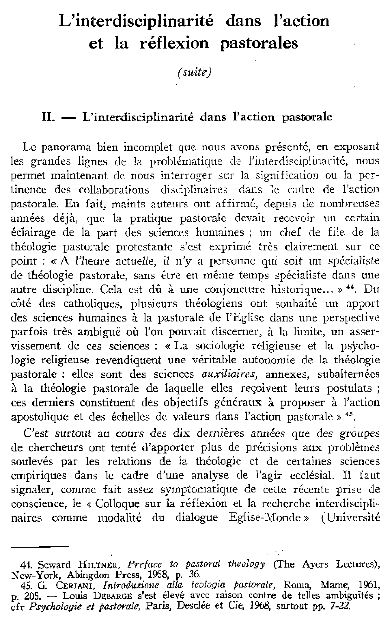 L'interdisciplinarité dans l'action et la réflexion pastorales (suite)