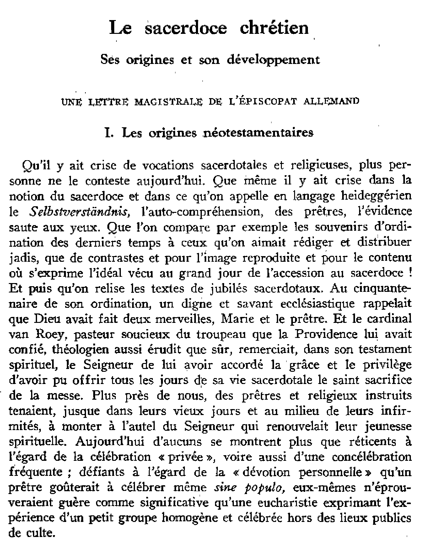 Le sacerdoce chrétien. Ses origines et son développement (à suivre)
