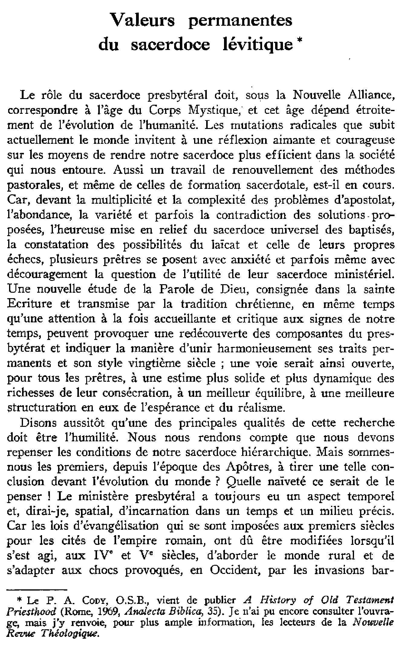 Valeurs permanentes du sacerdoce lévitique